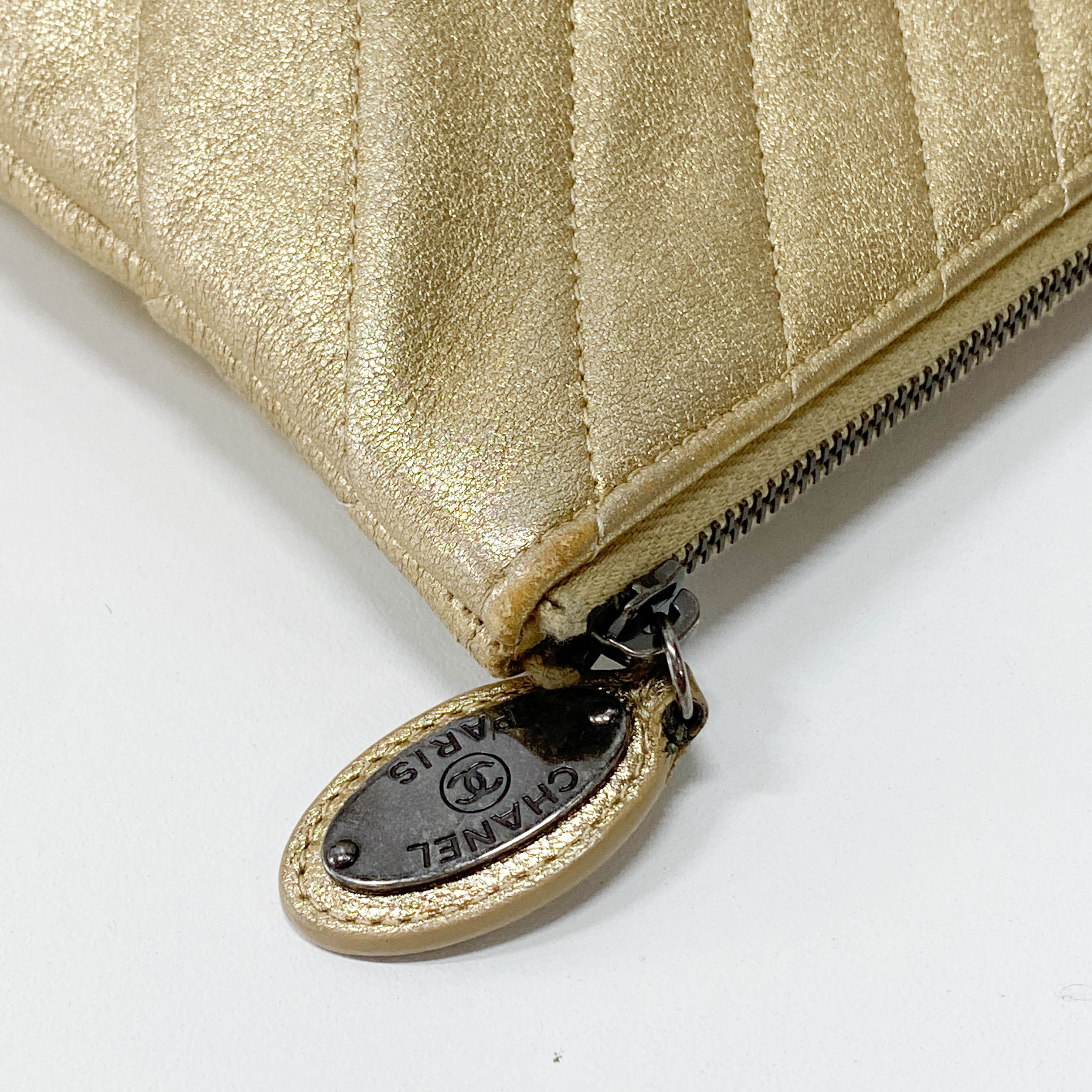 Gold Chevron V Stitch Leather Clutch Bag
