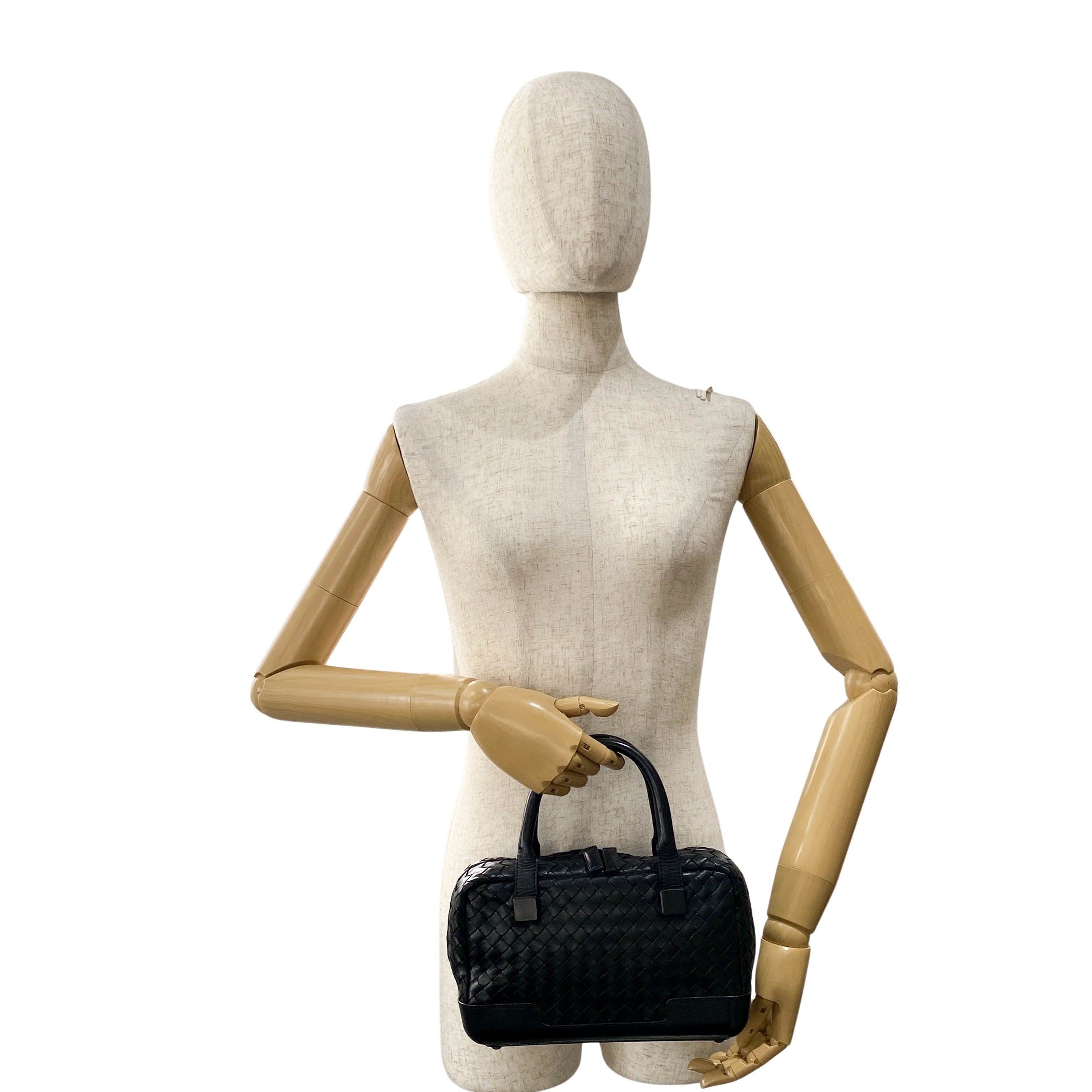 Intrecciato Black Leather Mini Bowling Bag