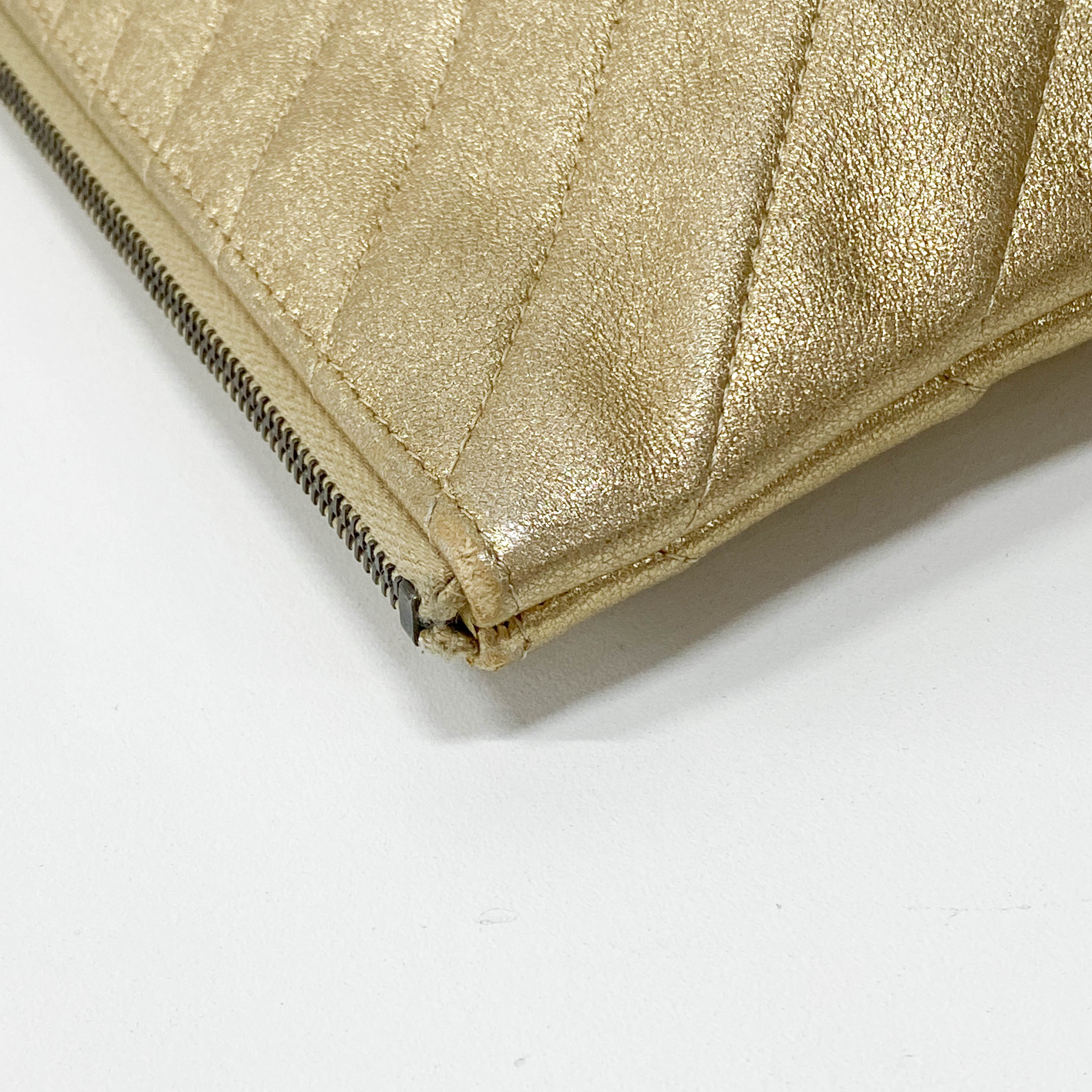 Gold Chevron V Stitch Leather Clutch Bag
