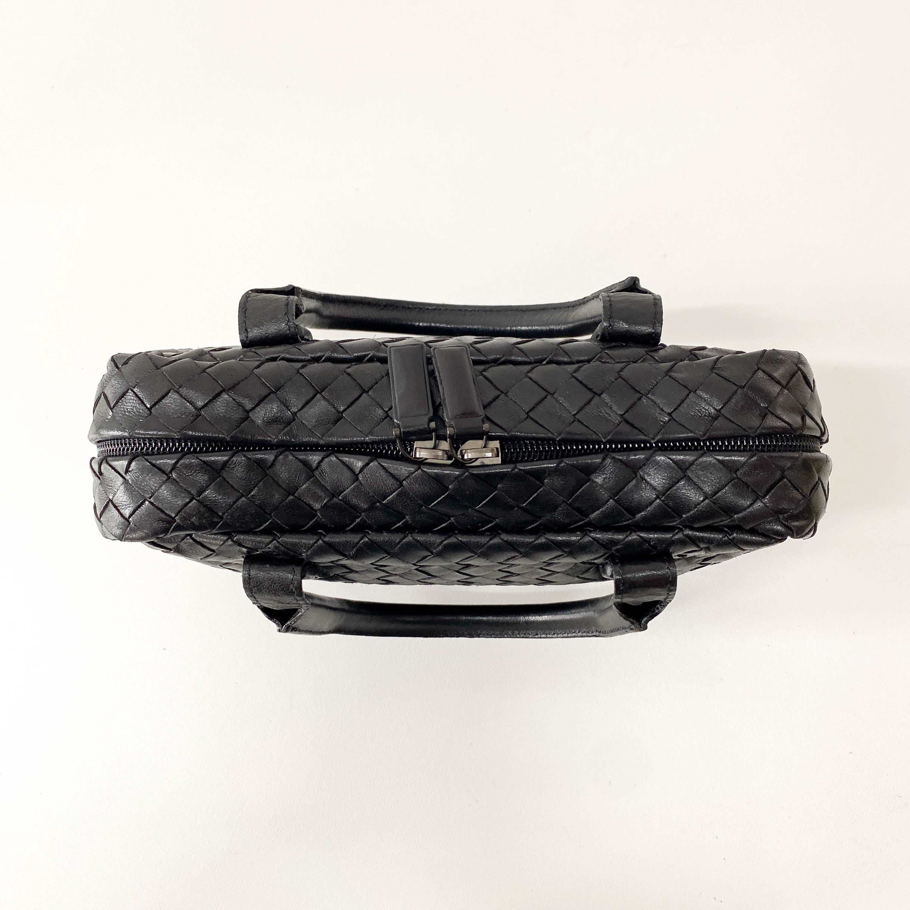 Intrecciato Black Leather Mini Bowling Bag