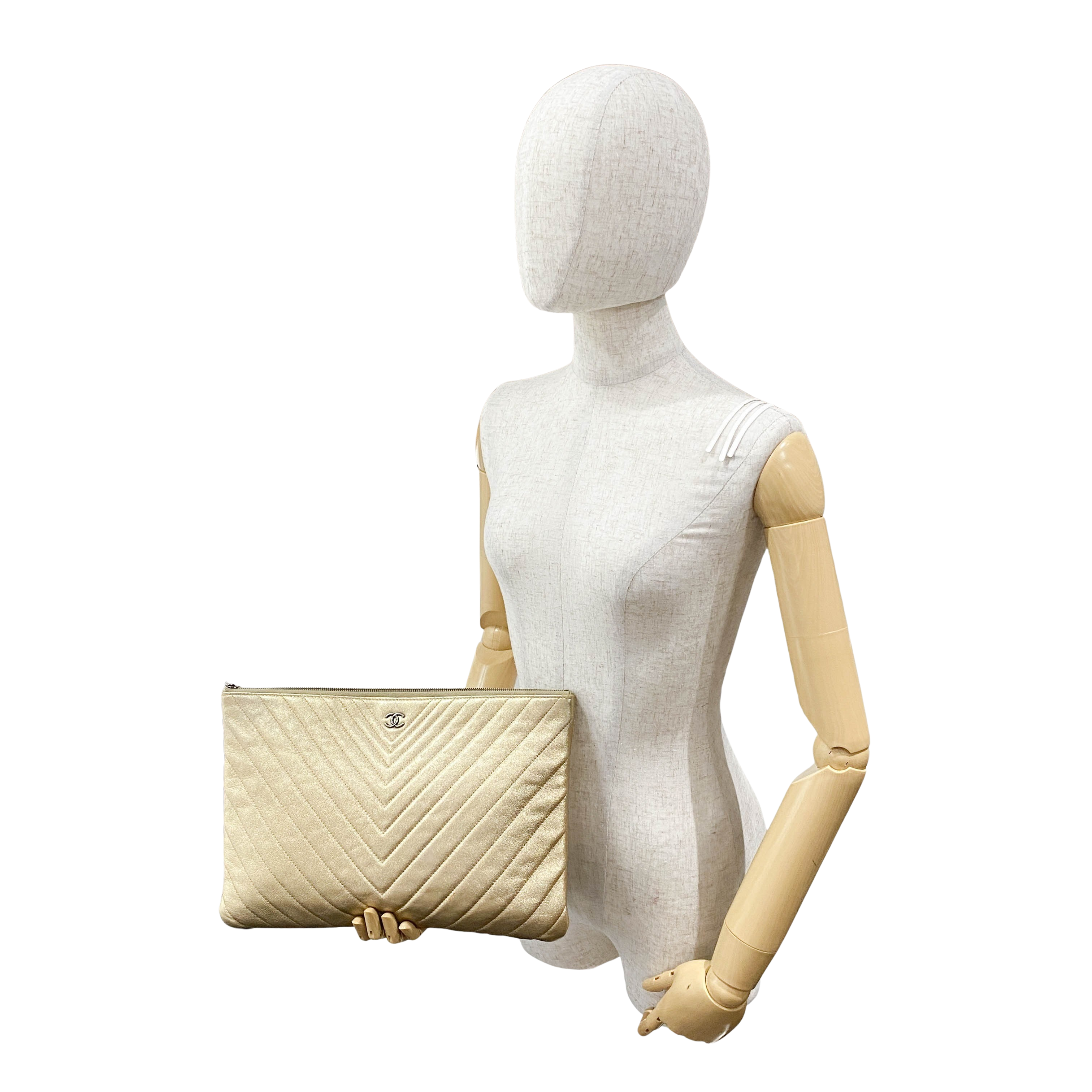 Gold Chevron V Stitch Leather Clutch Bag