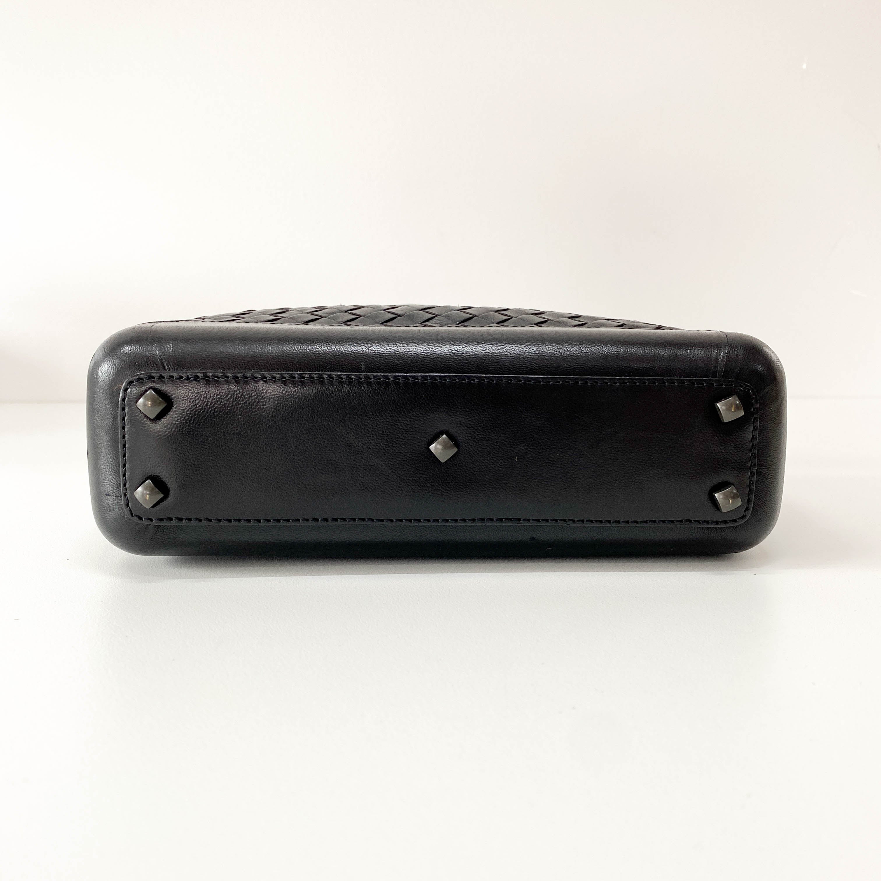 Intrecciato Black Leather Mini Bowling Bag