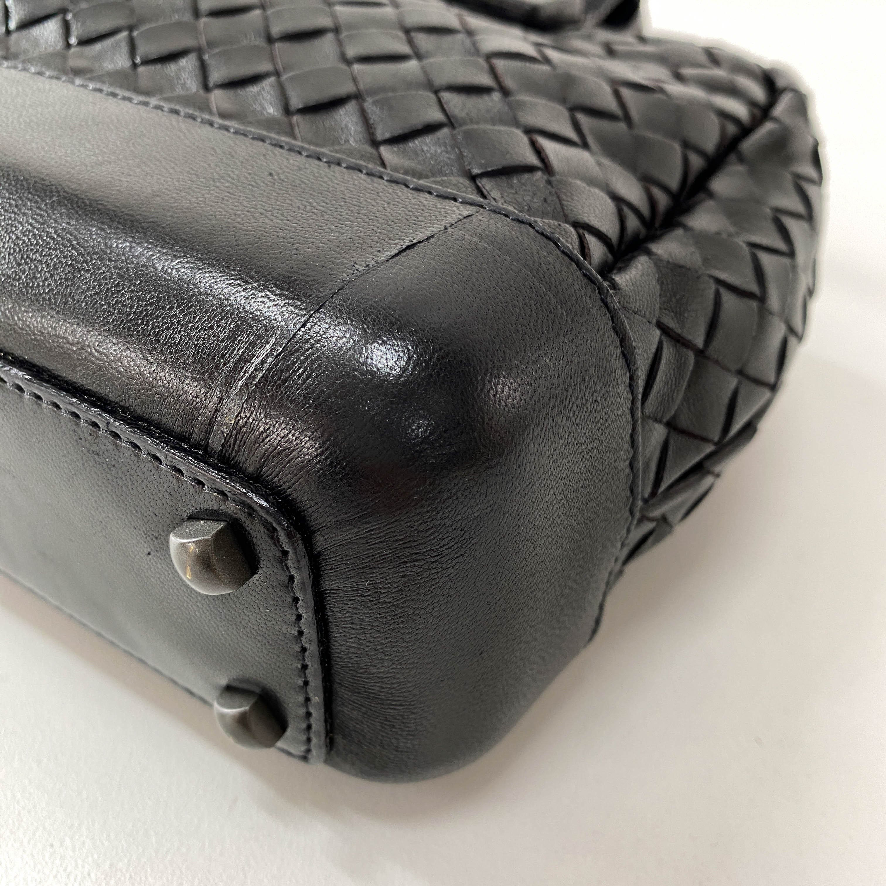 Intrecciato Black Leather Mini Bowling Bag