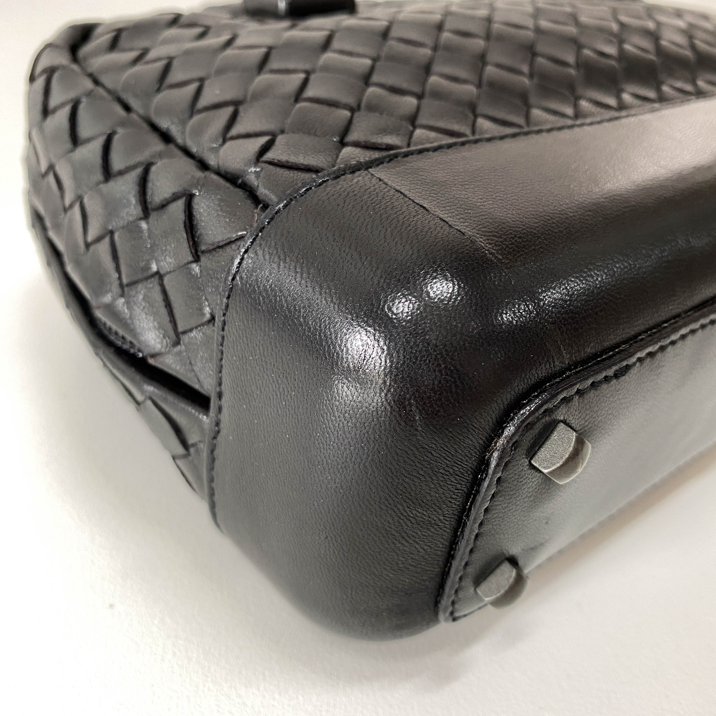 Intrecciato Black Leather Mini Bowling Bag