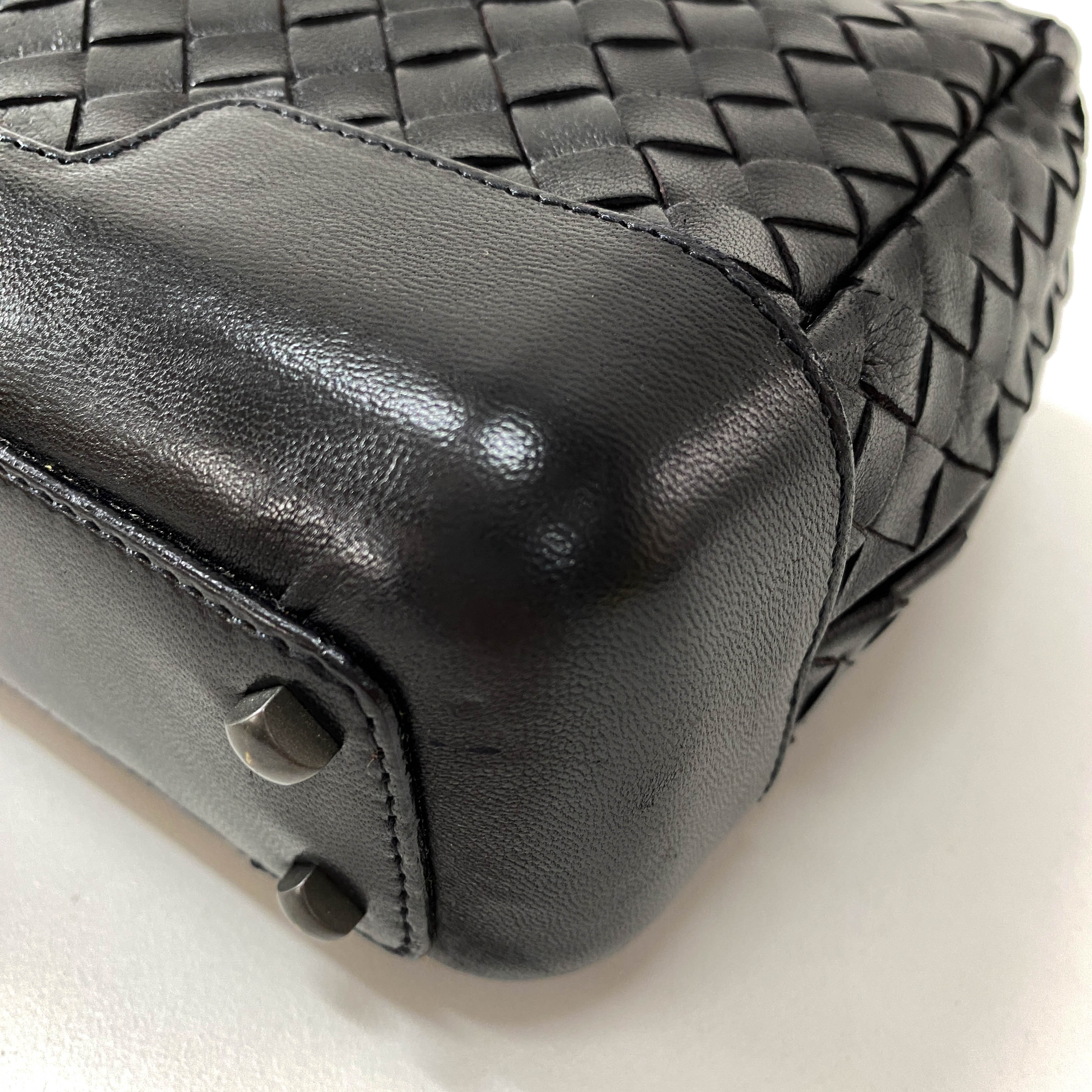 Intrecciato Black Leather Mini Bowling Bag