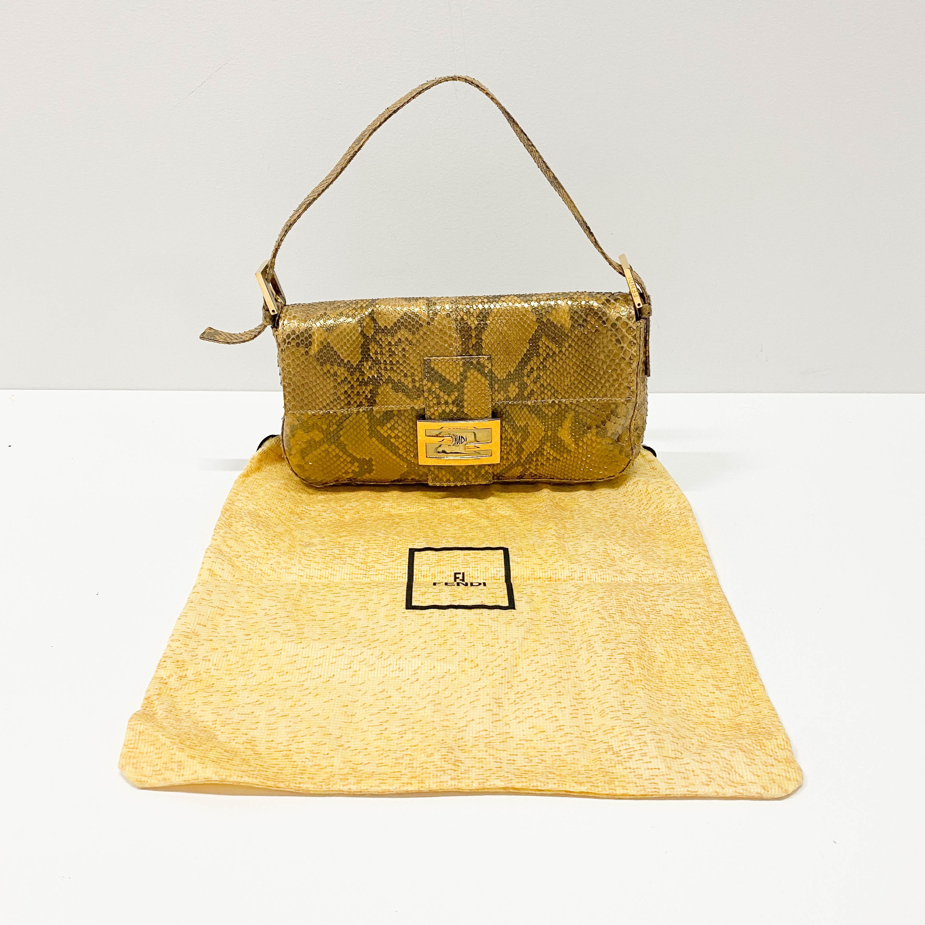 Baguette Gold Python Embossed Leather Shoulder Bag
