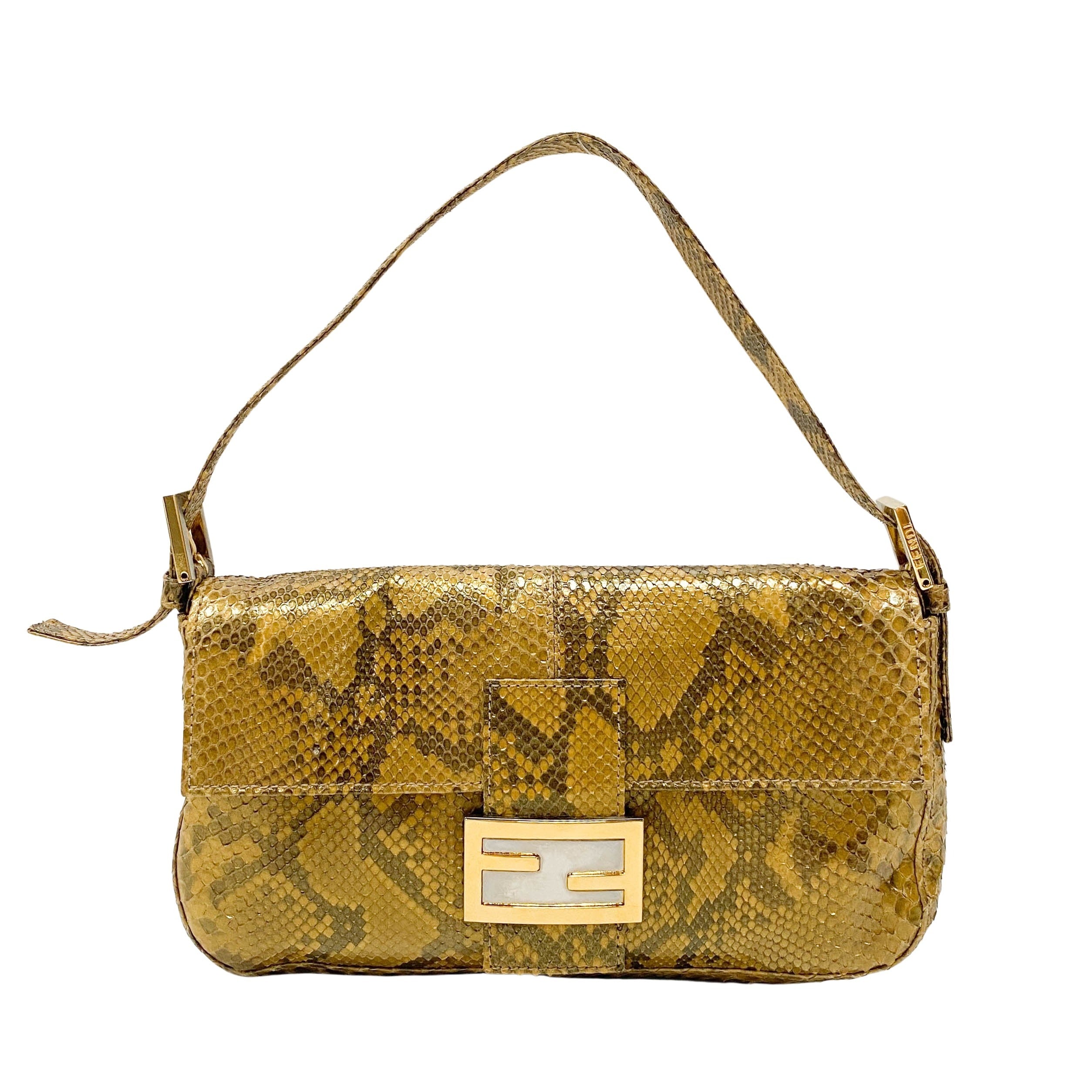 Baguette Gold Python Embossed Leather Shoulder Bag