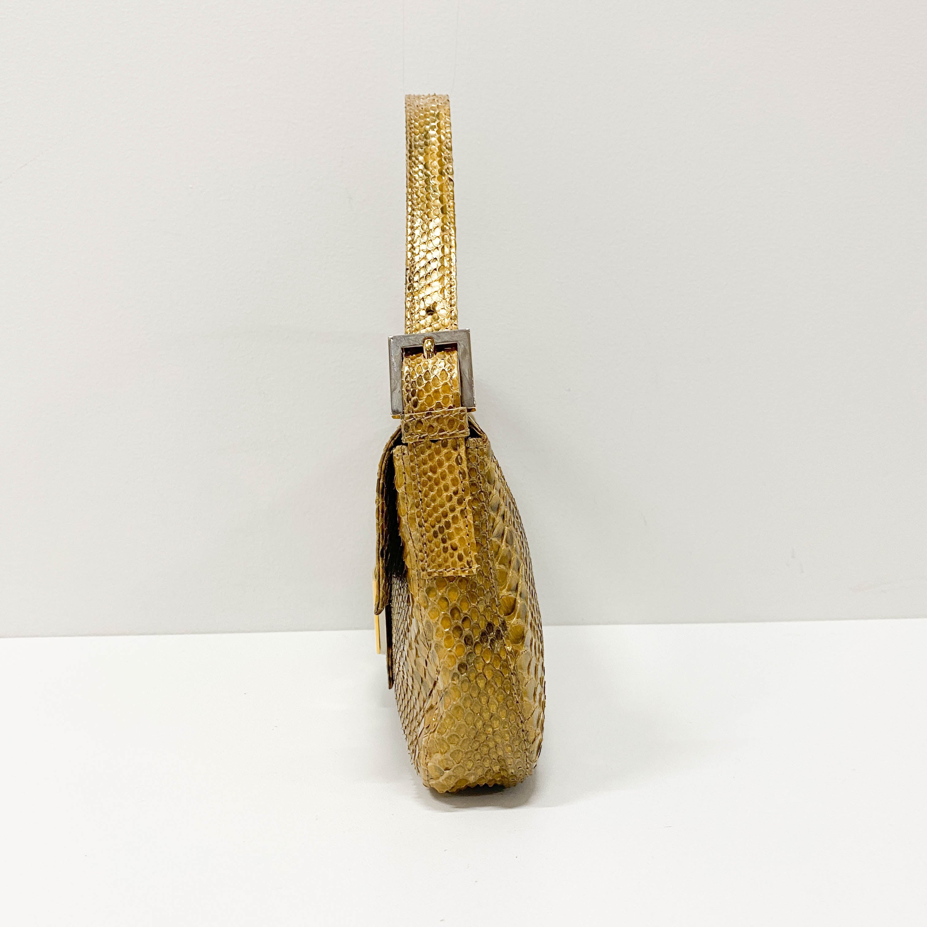 Baguette Gold Python Embossed Leather Shoulder Bag