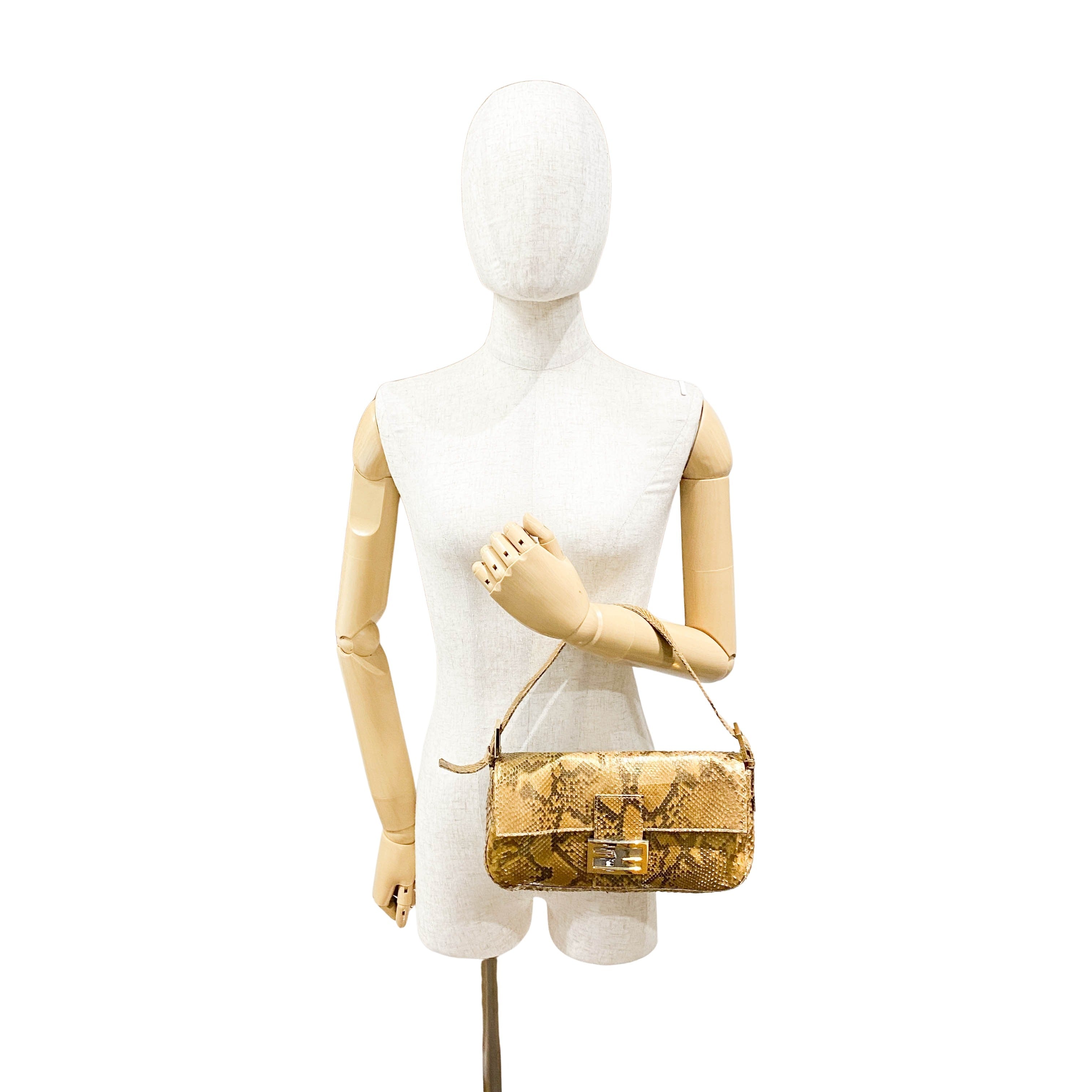 Baguette Gold Python Embossed Leather Shoulder Bag