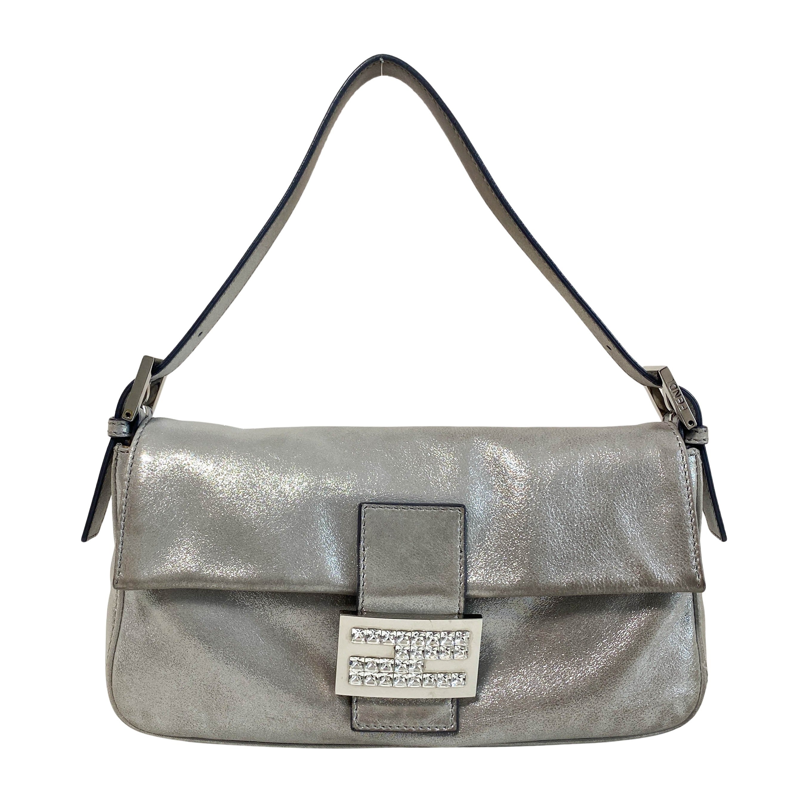Baguette Silver Leather Shoulder Bag with Rhinestone Hardware