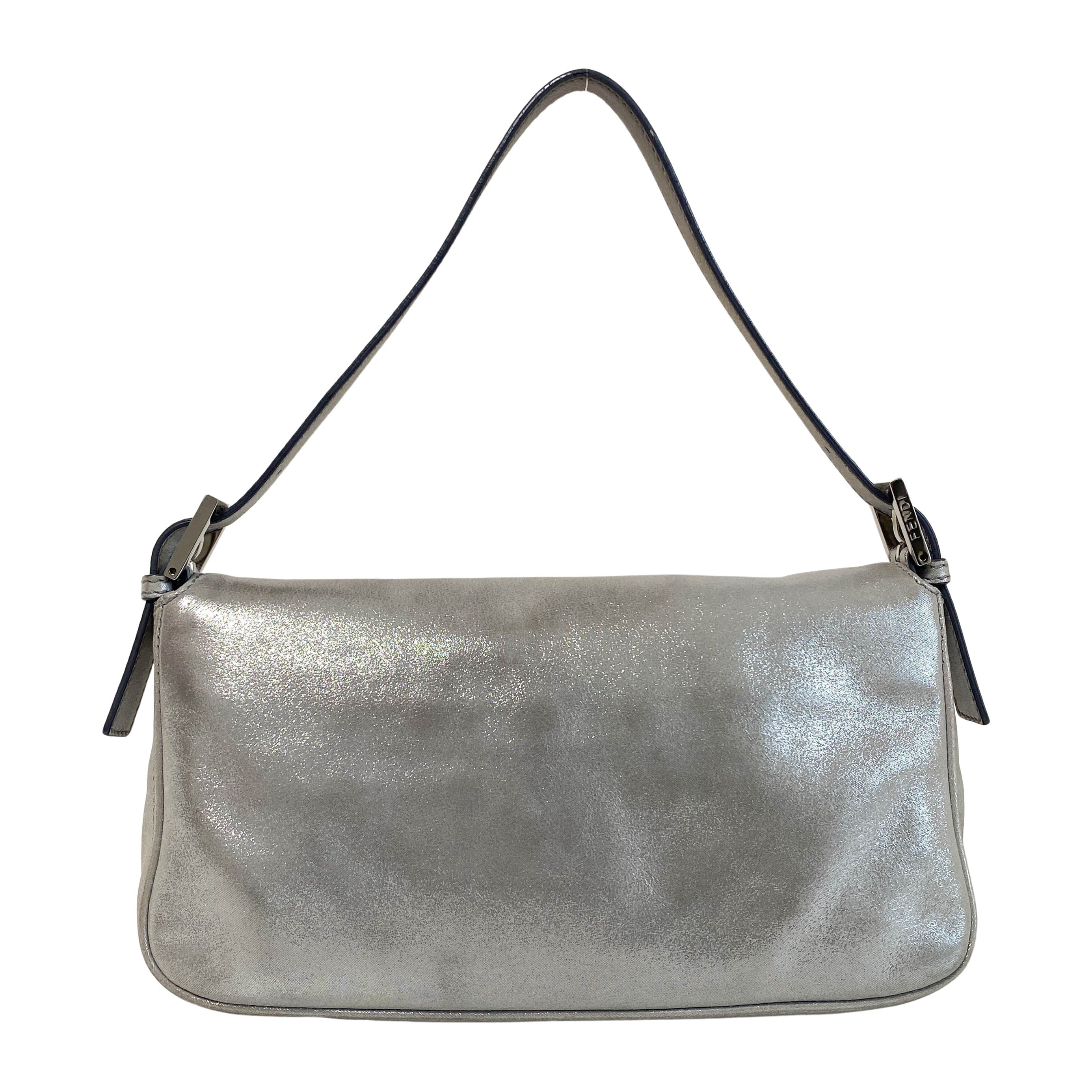 Baguette Silver Leather Shoulder Bag with Rhinestone Hardware