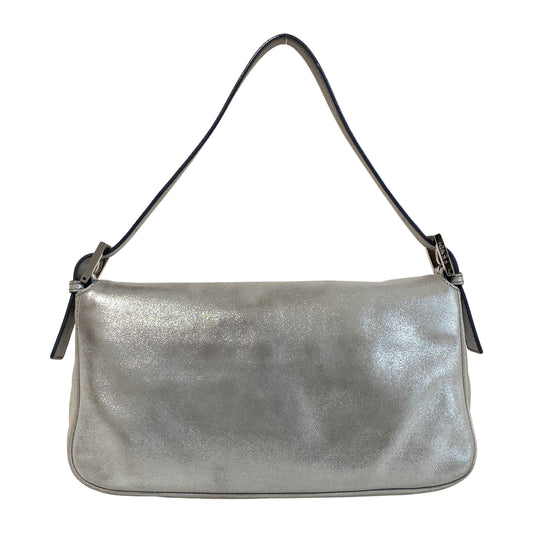 Baguette Silver Leather Shoulder Bag with Rhinestone Hardware
