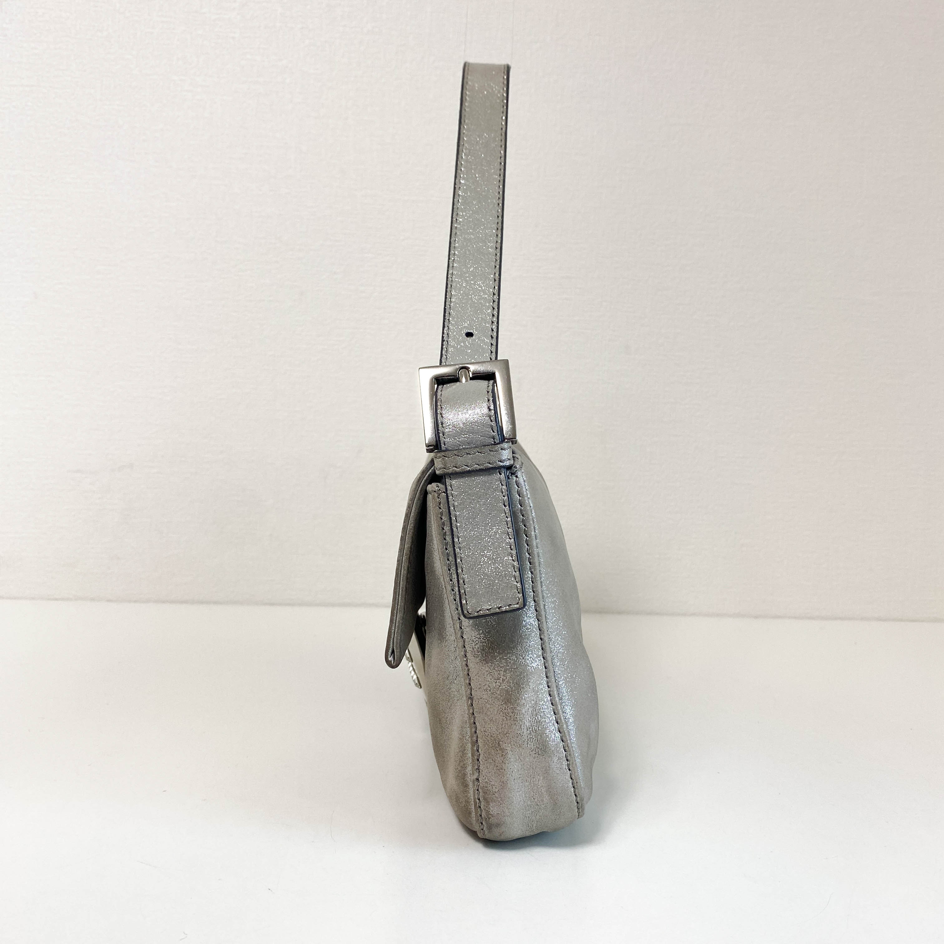 Baguette Silver Leather Shoulder Bag with Rhinestone Hardware