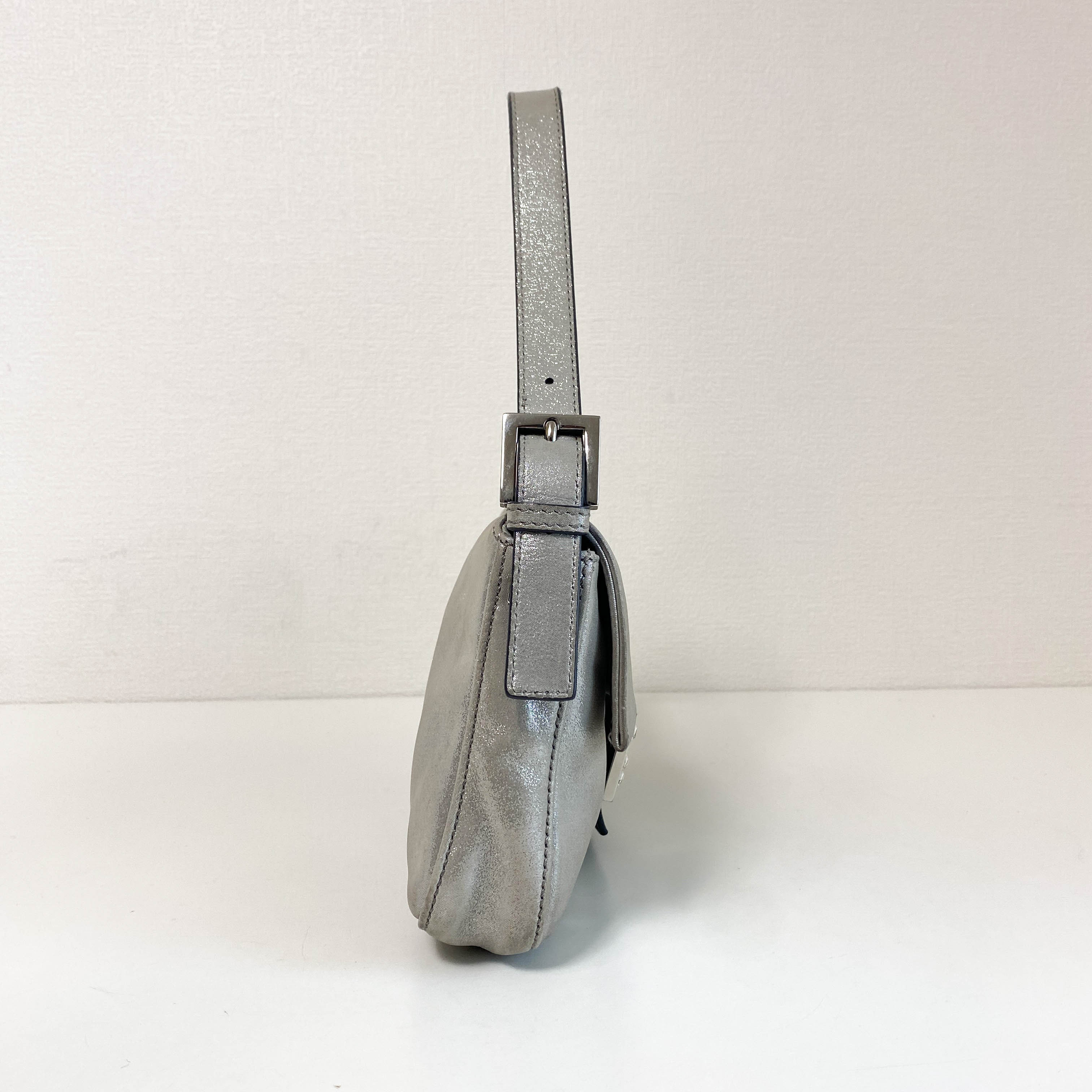 Baguette Silver Leather Shoulder Bag with Rhinestone Hardware