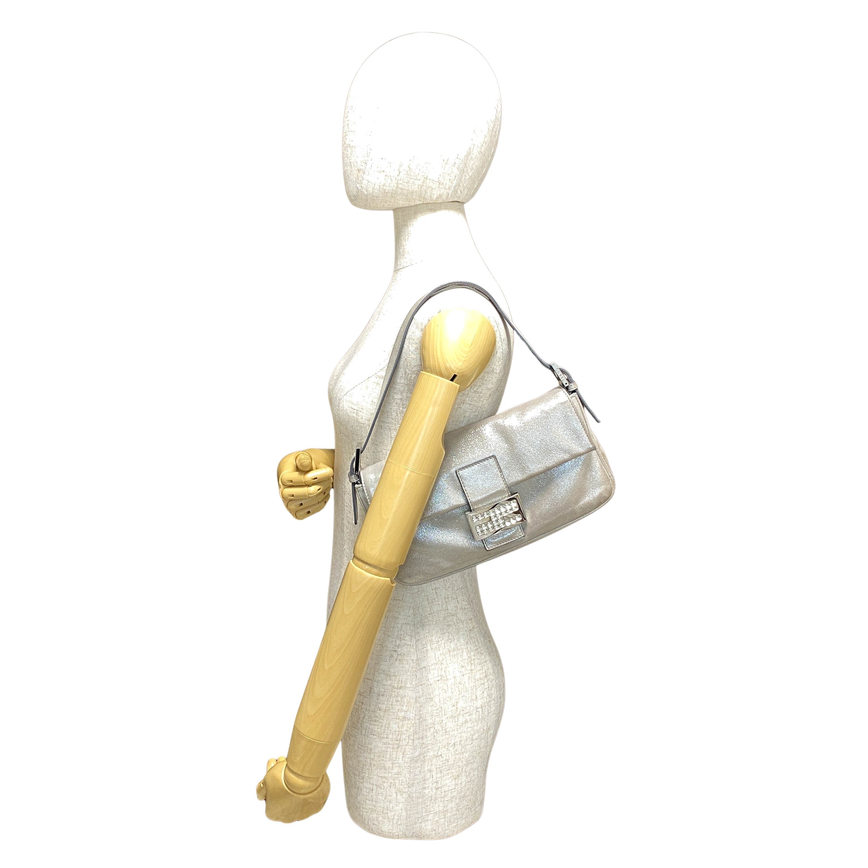 Baguette Silver Leather Shoulder Bag with Rhinestone Hardware