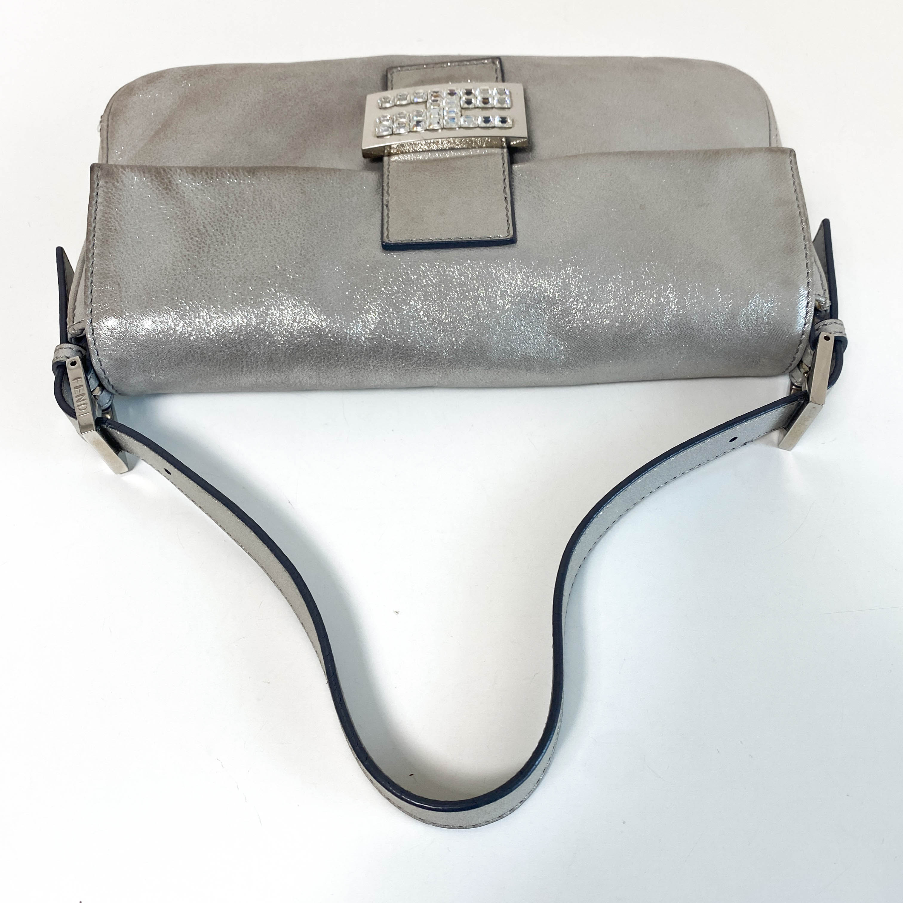 Baguette Silver Leather Shoulder Bag with Rhinestone Hardware
