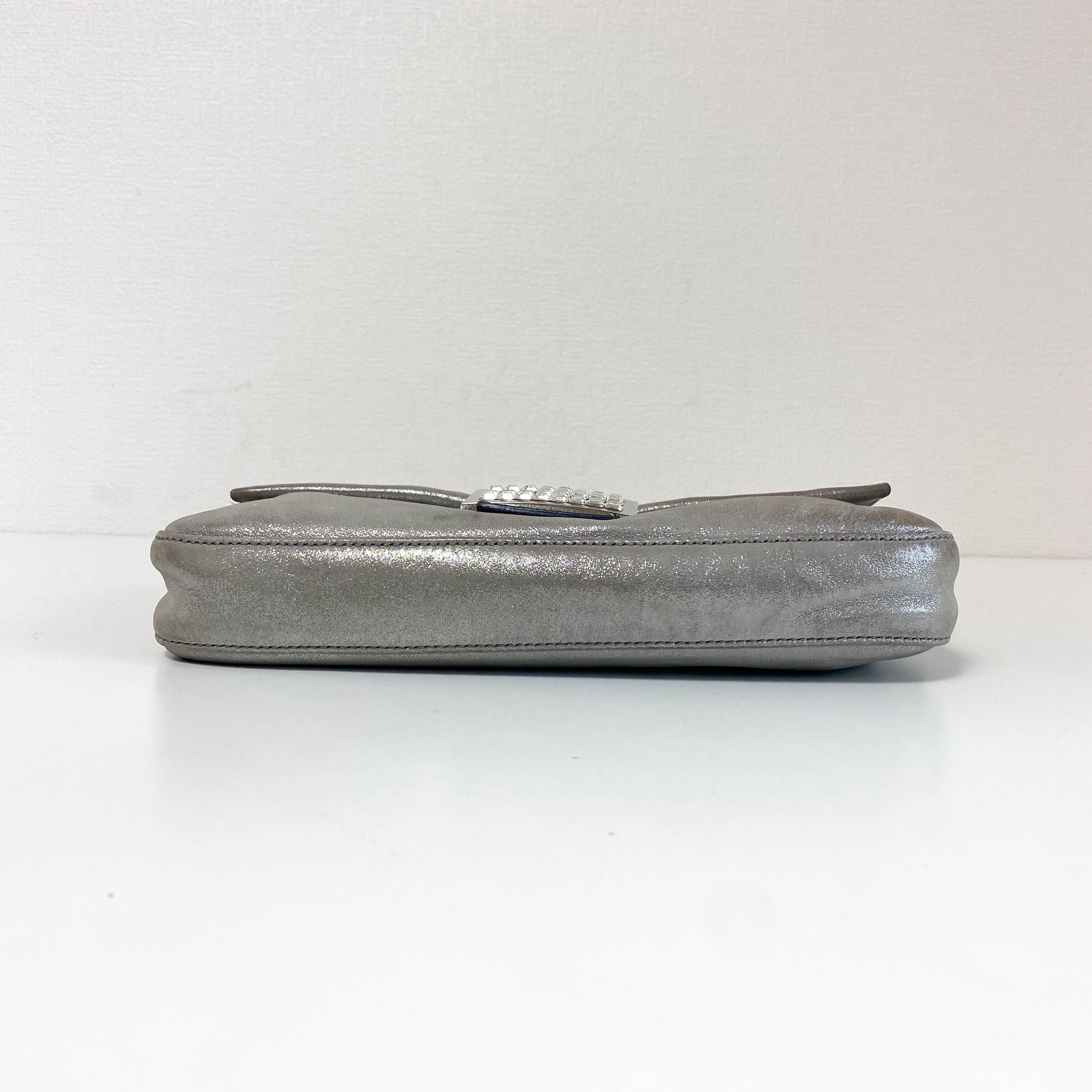 Baguette Silver Leather Shoulder Bag with Rhinestone Hardware