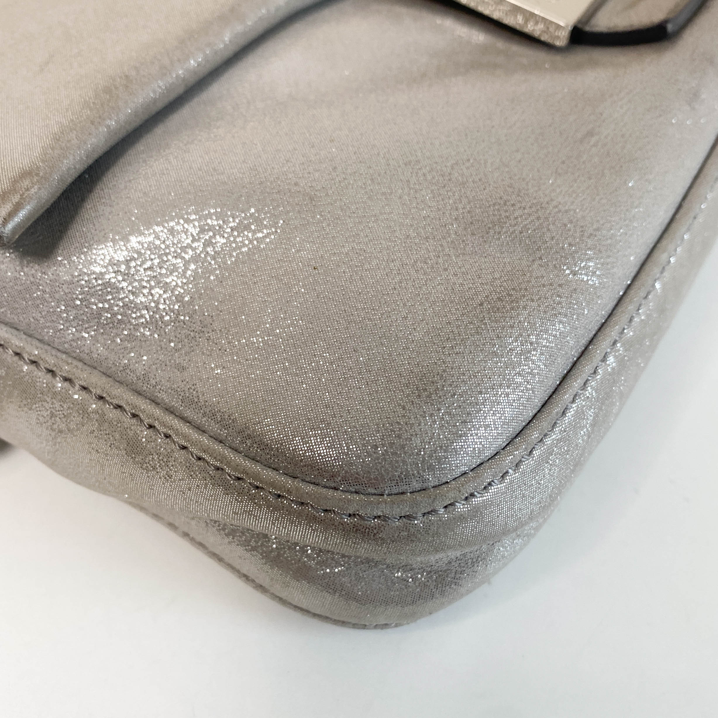 Baguette Silver Leather Shoulder Bag with Rhinestone Hardware