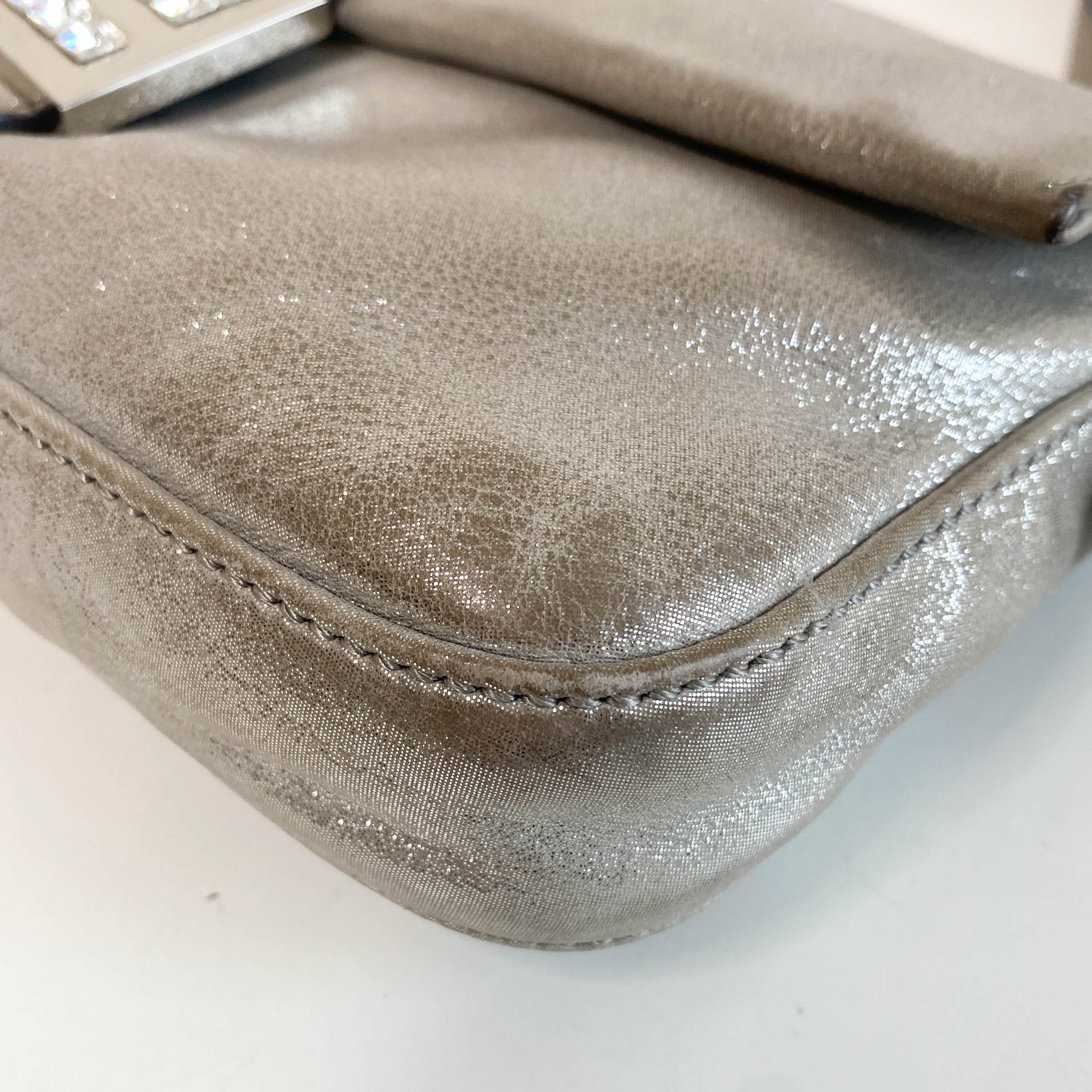 Baguette Silver Leather Shoulder Bag with Rhinestone Hardware