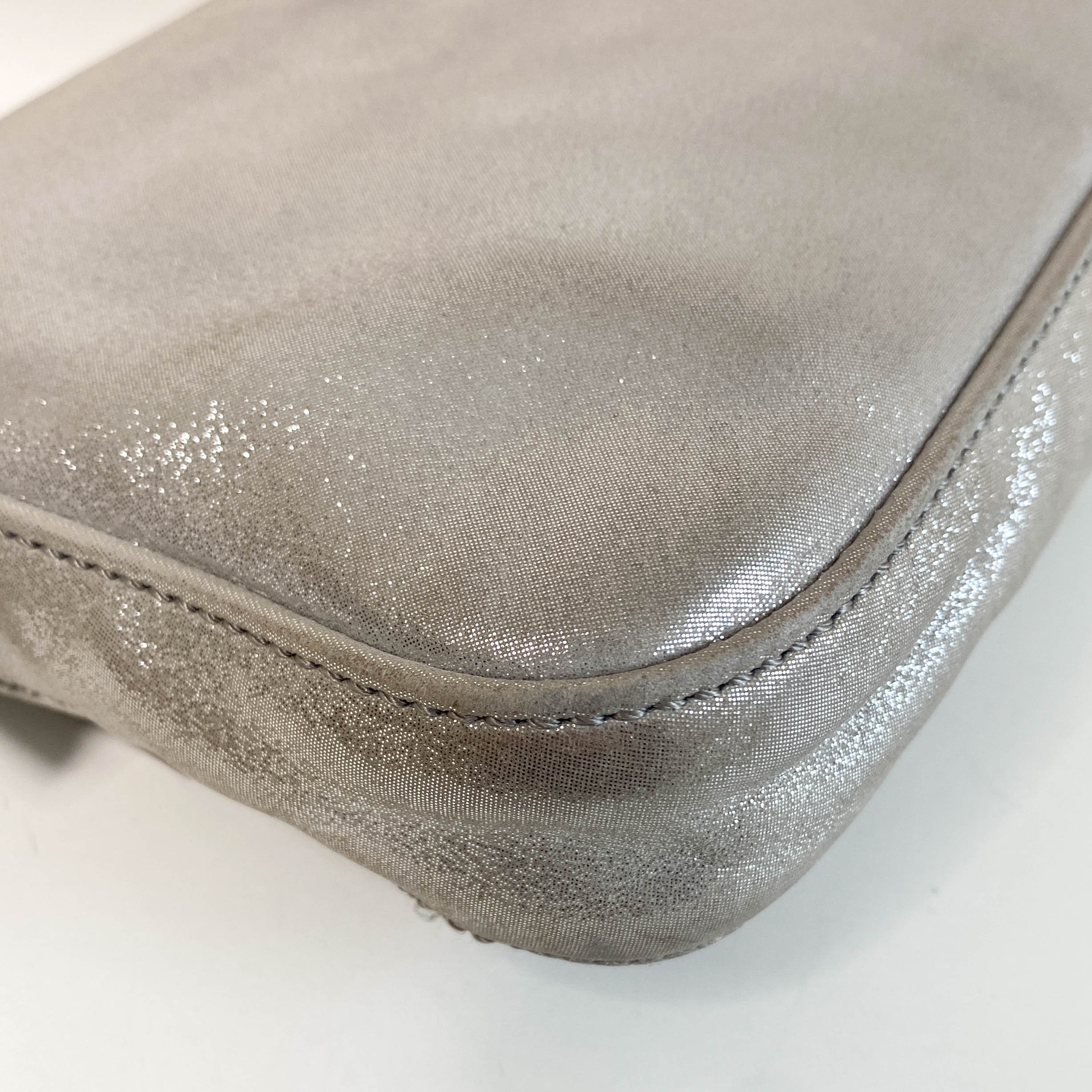 Baguette Silver Leather Shoulder Bag with Rhinestone Hardware