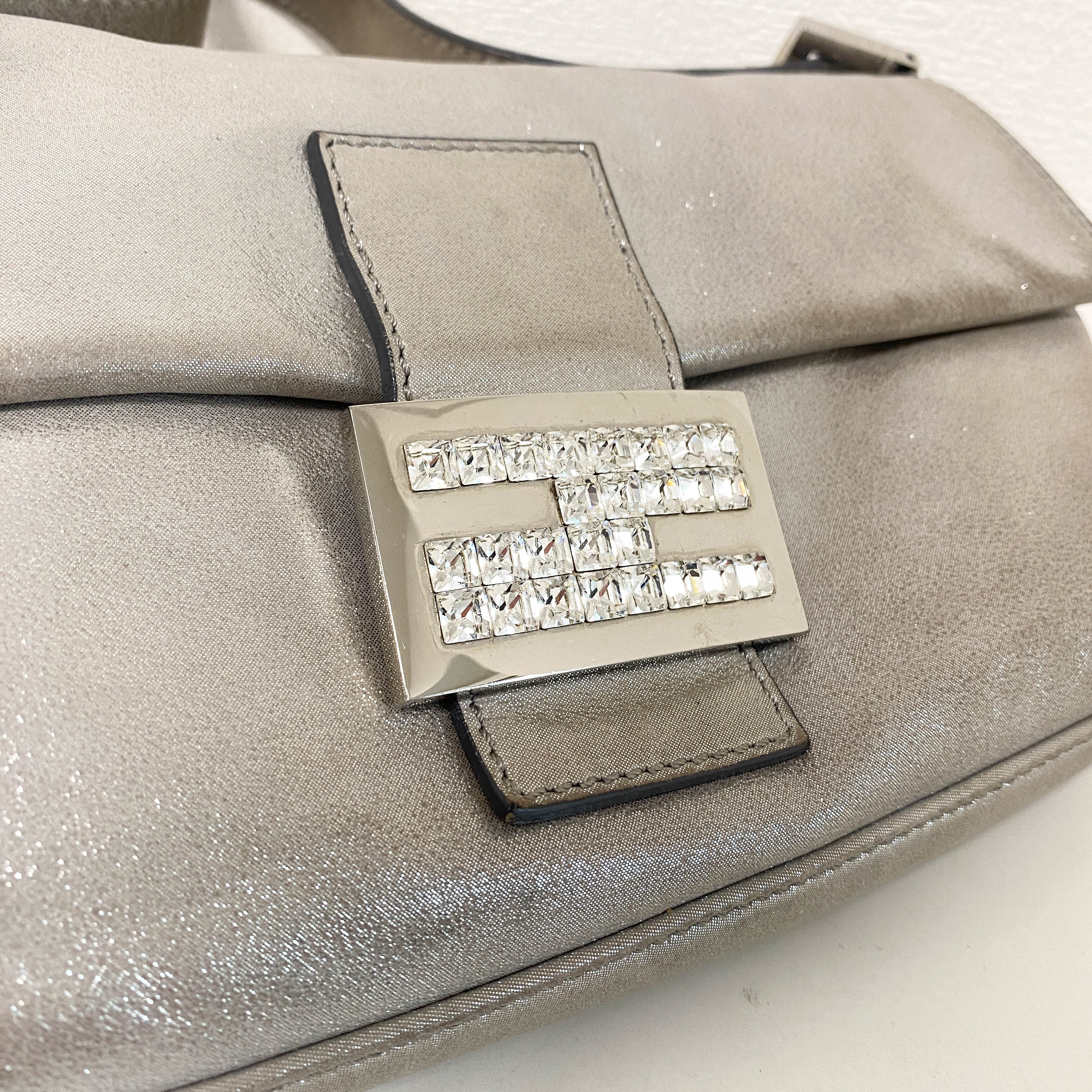 Baguette Silver Leather Shoulder Bag with Rhinestone Hardware
