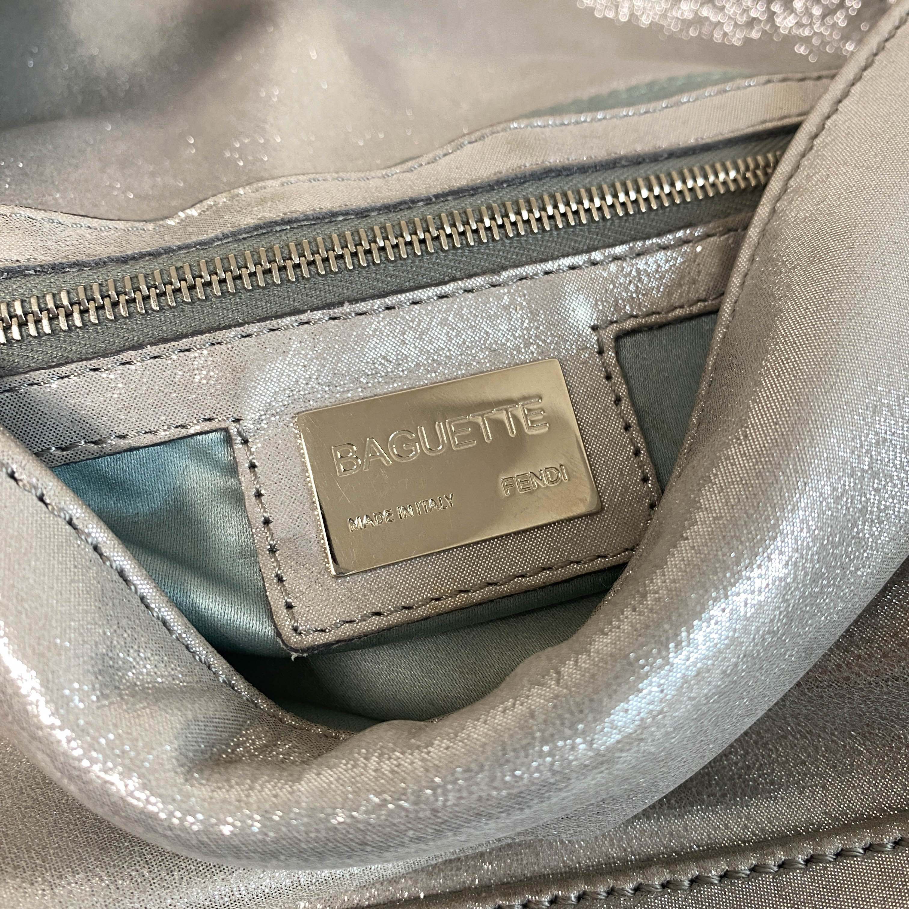 Baguette Silver Leather Shoulder Bag with Rhinestone Hardware