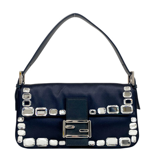 Baguette Black Nylon Shoulder Bag with Rhinestone