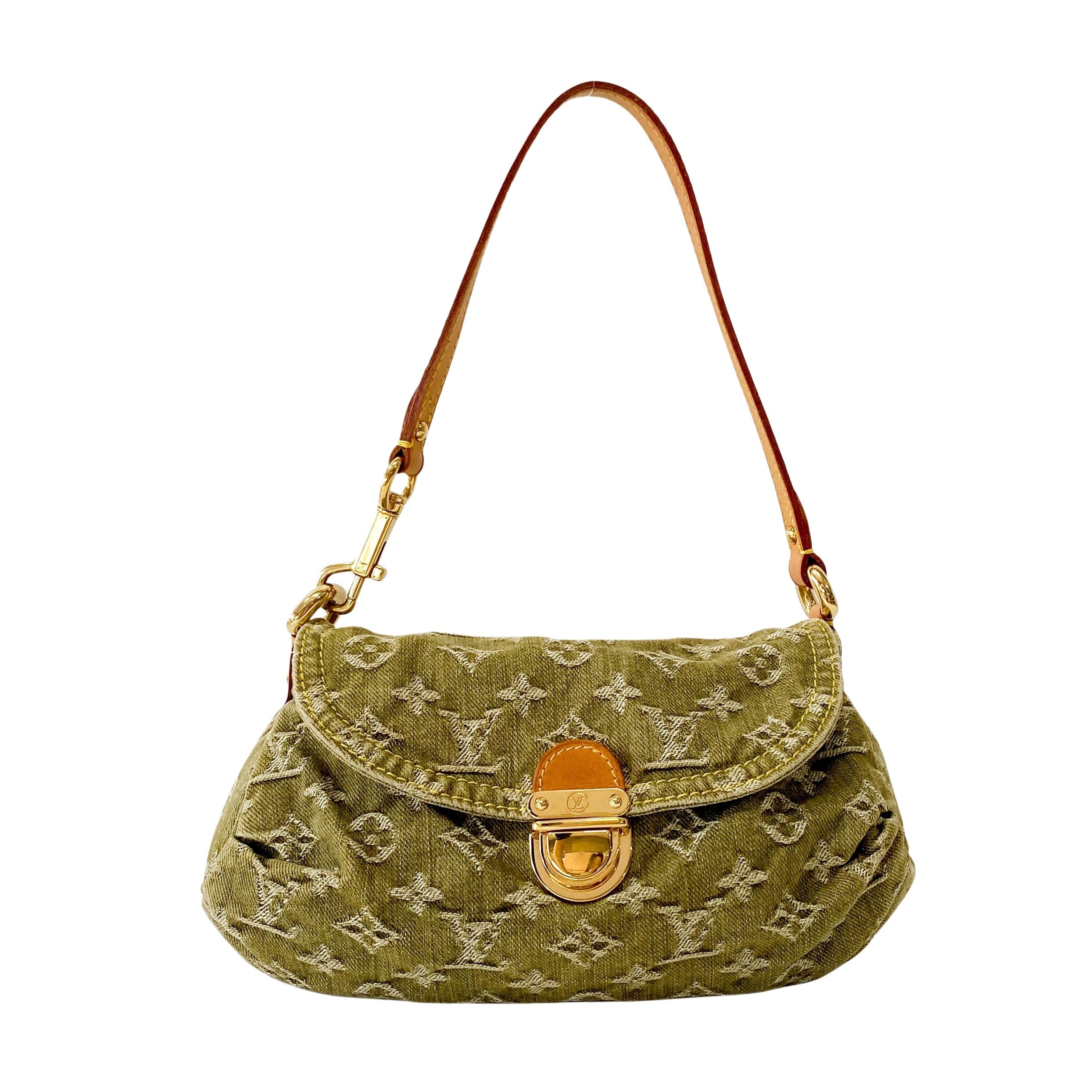 Pleaty Mini Green Monogram Denim Shoulder Bag