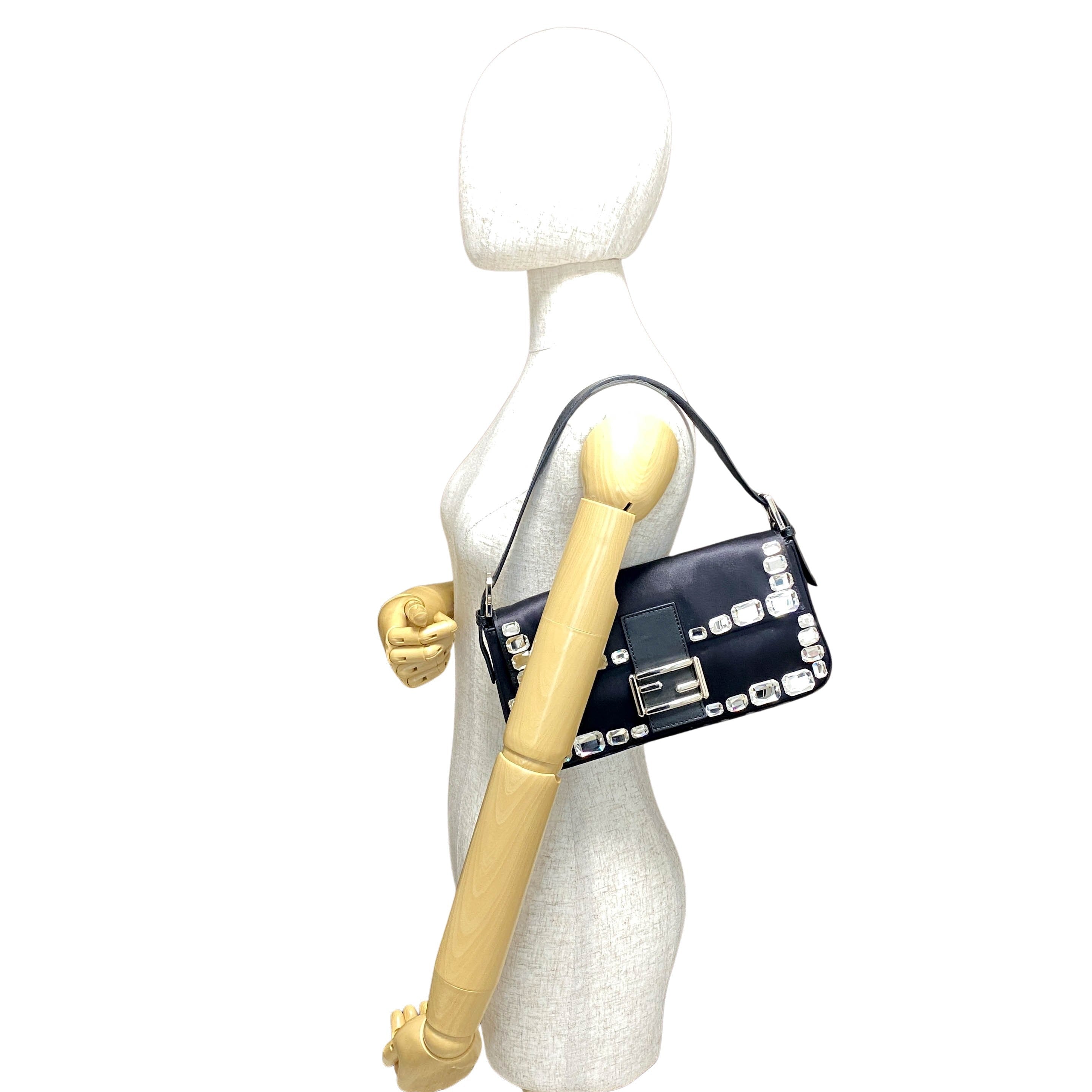 Baguette Black Nylon Shoulder Bag with Rhinestone