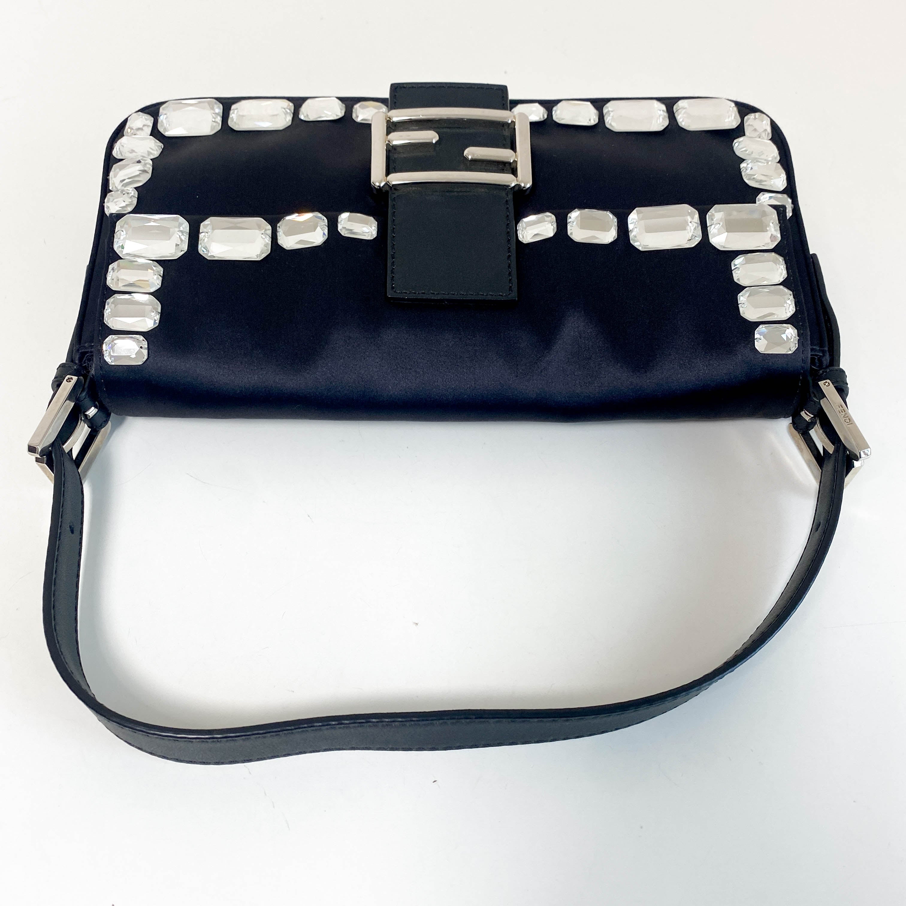 Baguette Black Nylon Shoulder Bag with Rhinestone