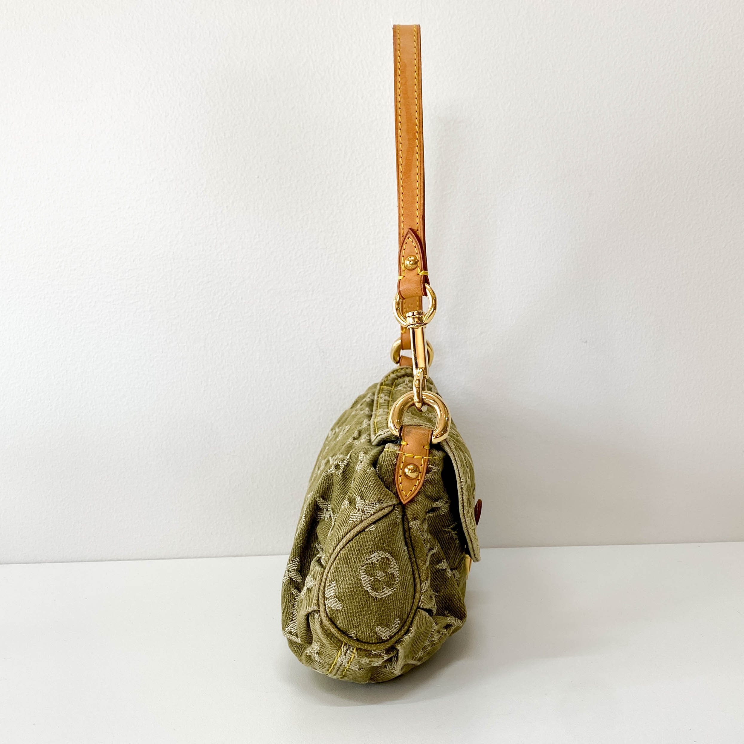 Pleaty Mini Green Monogram Denim Shoulder Bag