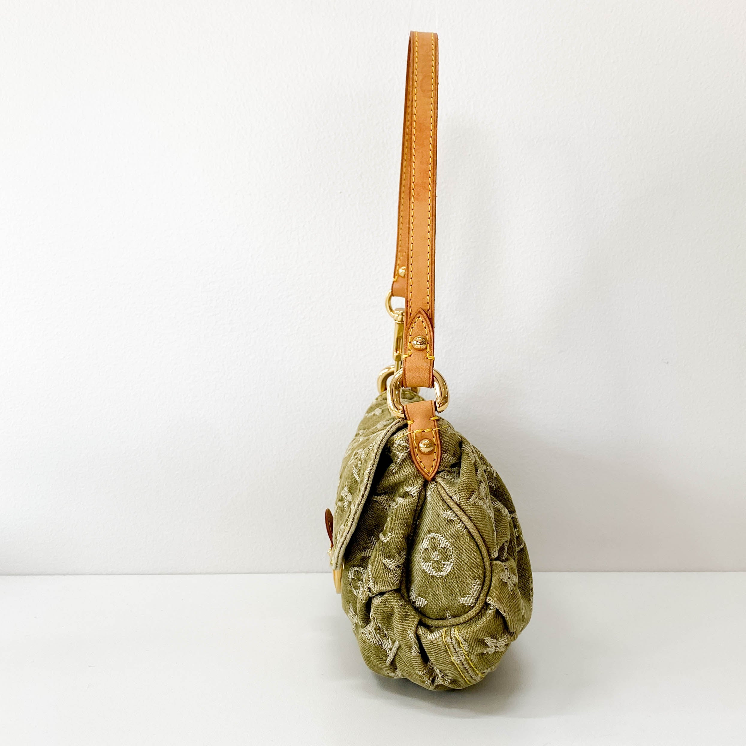 Pleaty Mini Green Monogram Denim Shoulder Bag