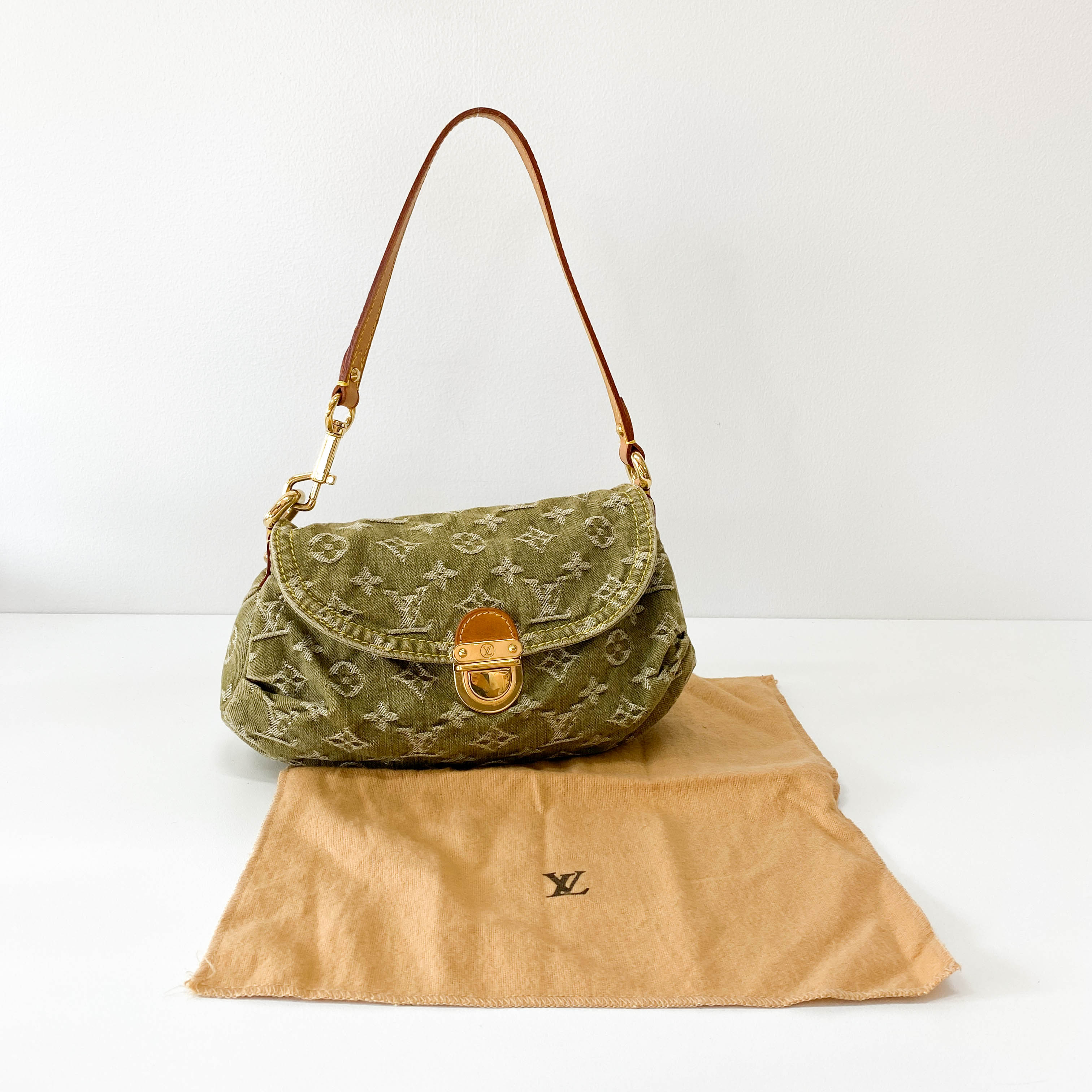 Pleaty Mini Green Monogram Denim Shoulder Bag