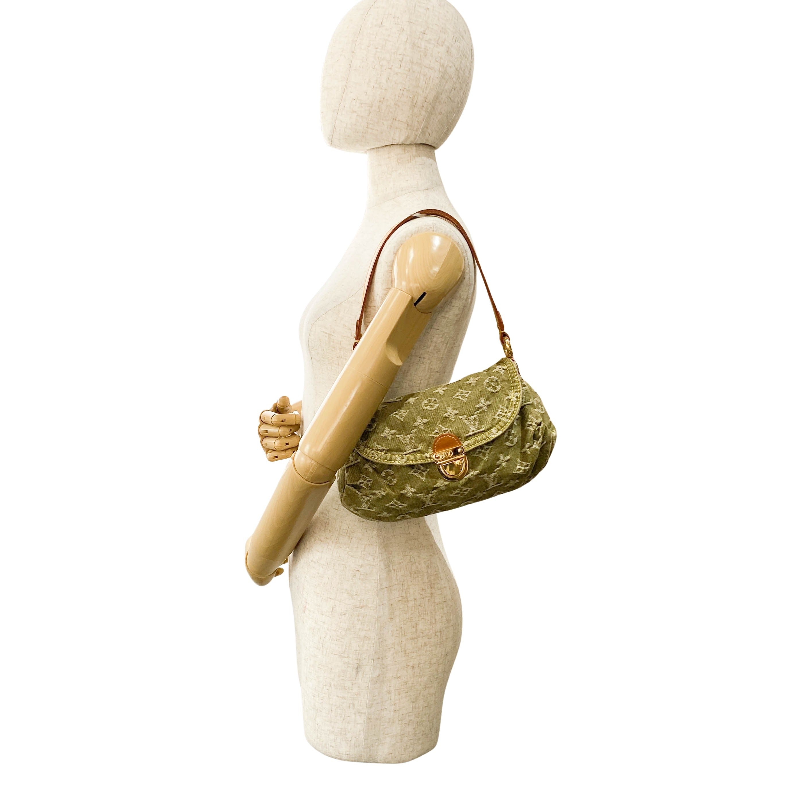 Pleaty Mini Green Monogram Denim Shoulder Bag