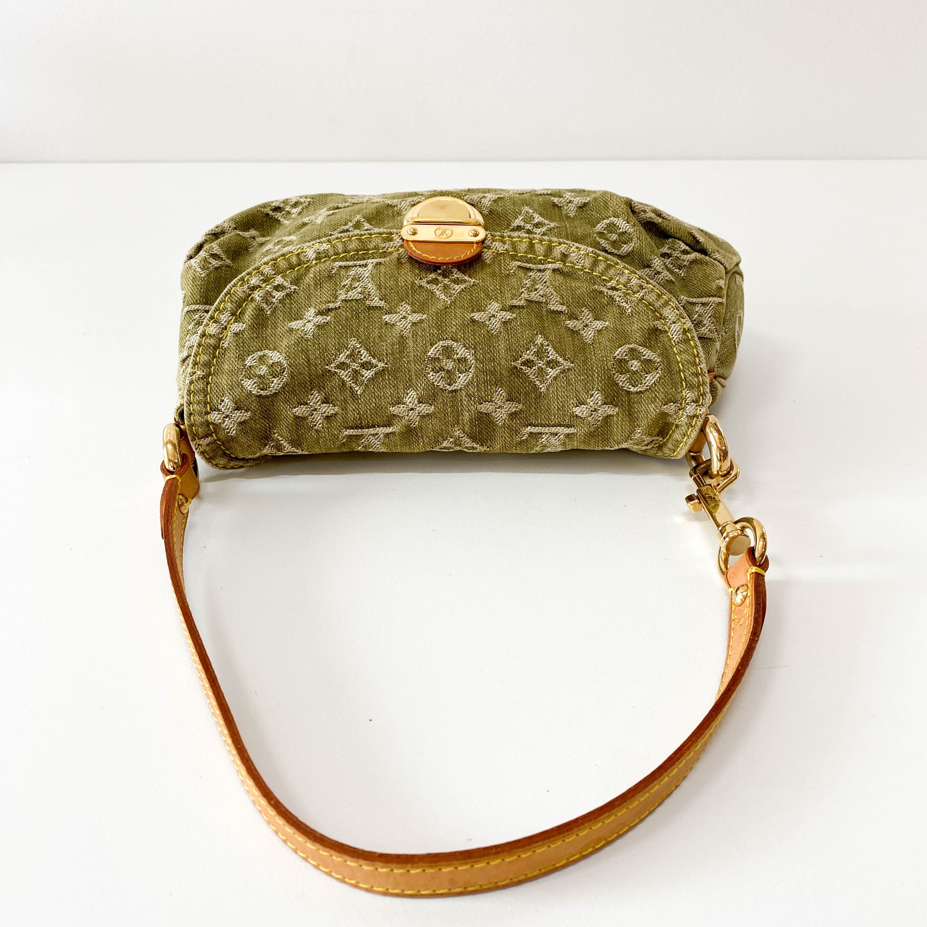 Pleaty Mini Green Monogram Denim Shoulder Bag