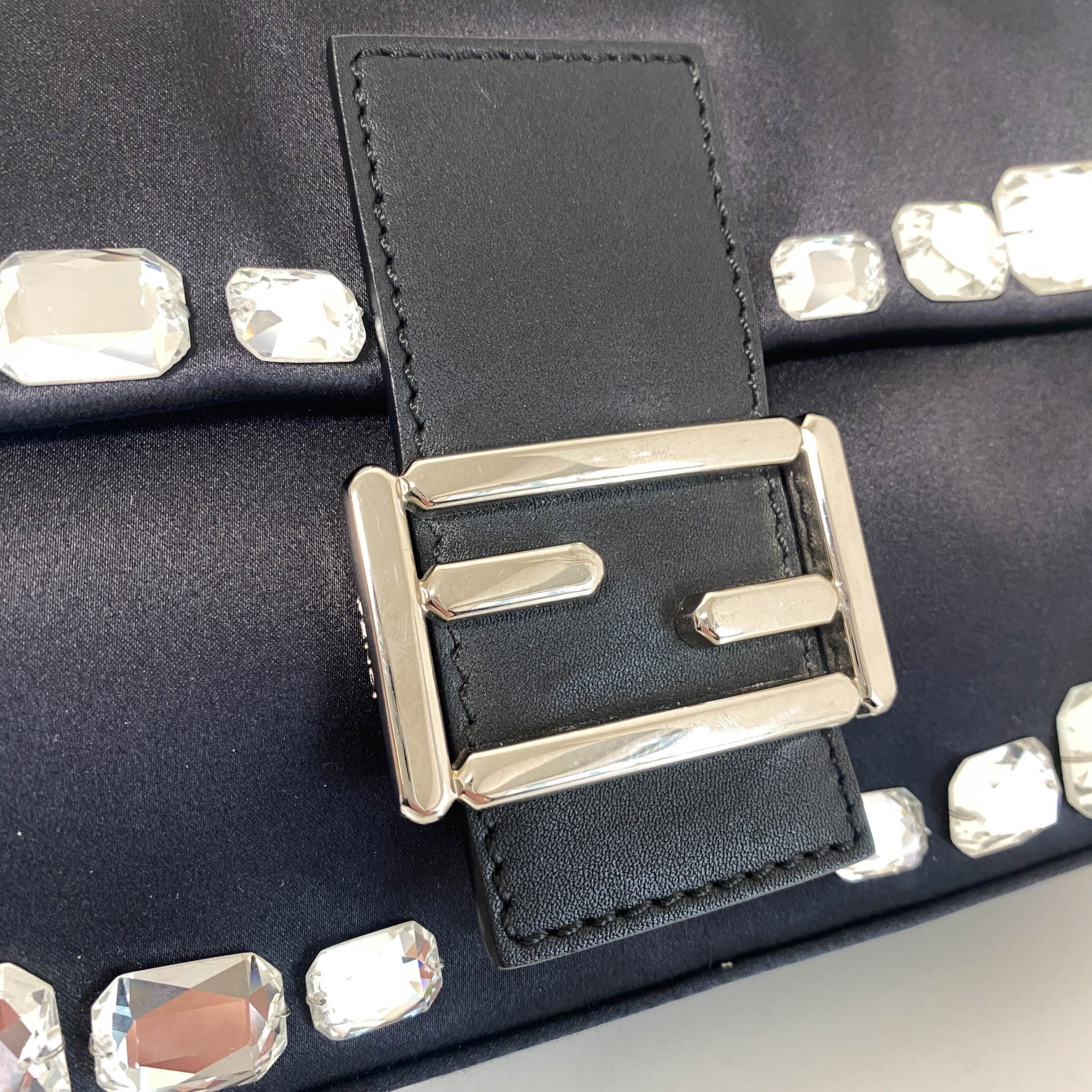 Baguette Black Nylon Shoulder Bag with Rhinestone