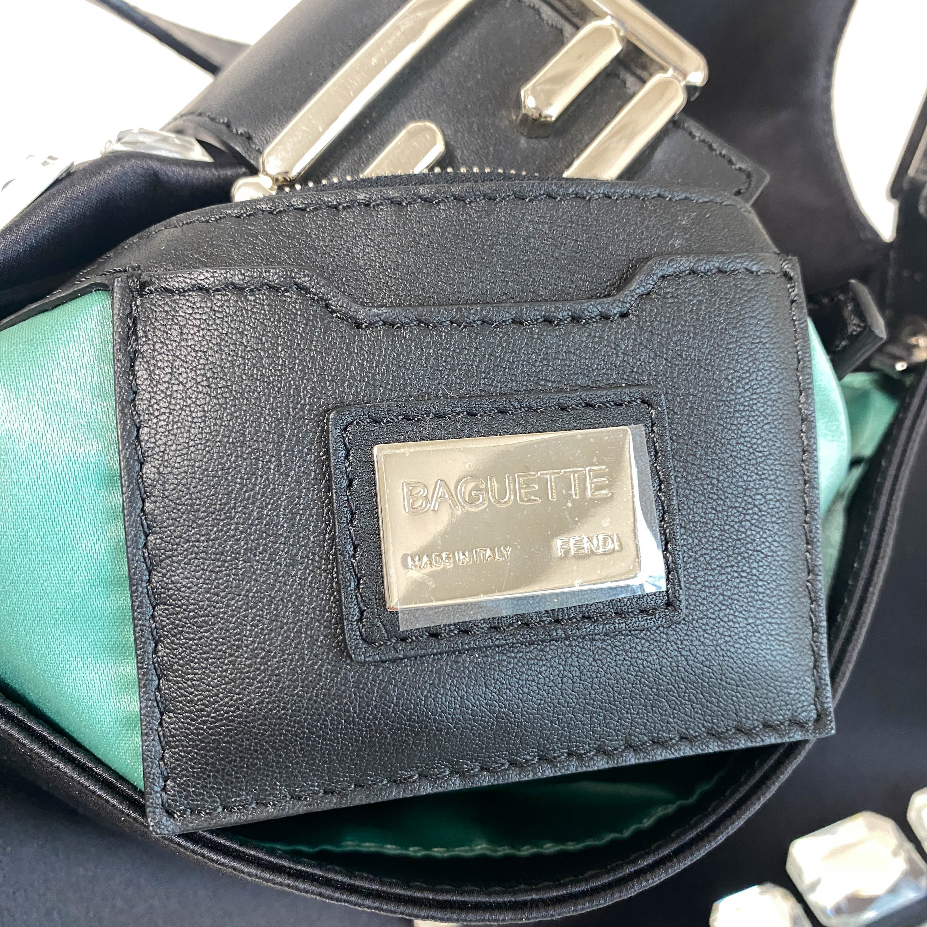 Baguette Black Nylon Shoulder Bag with Rhinestone