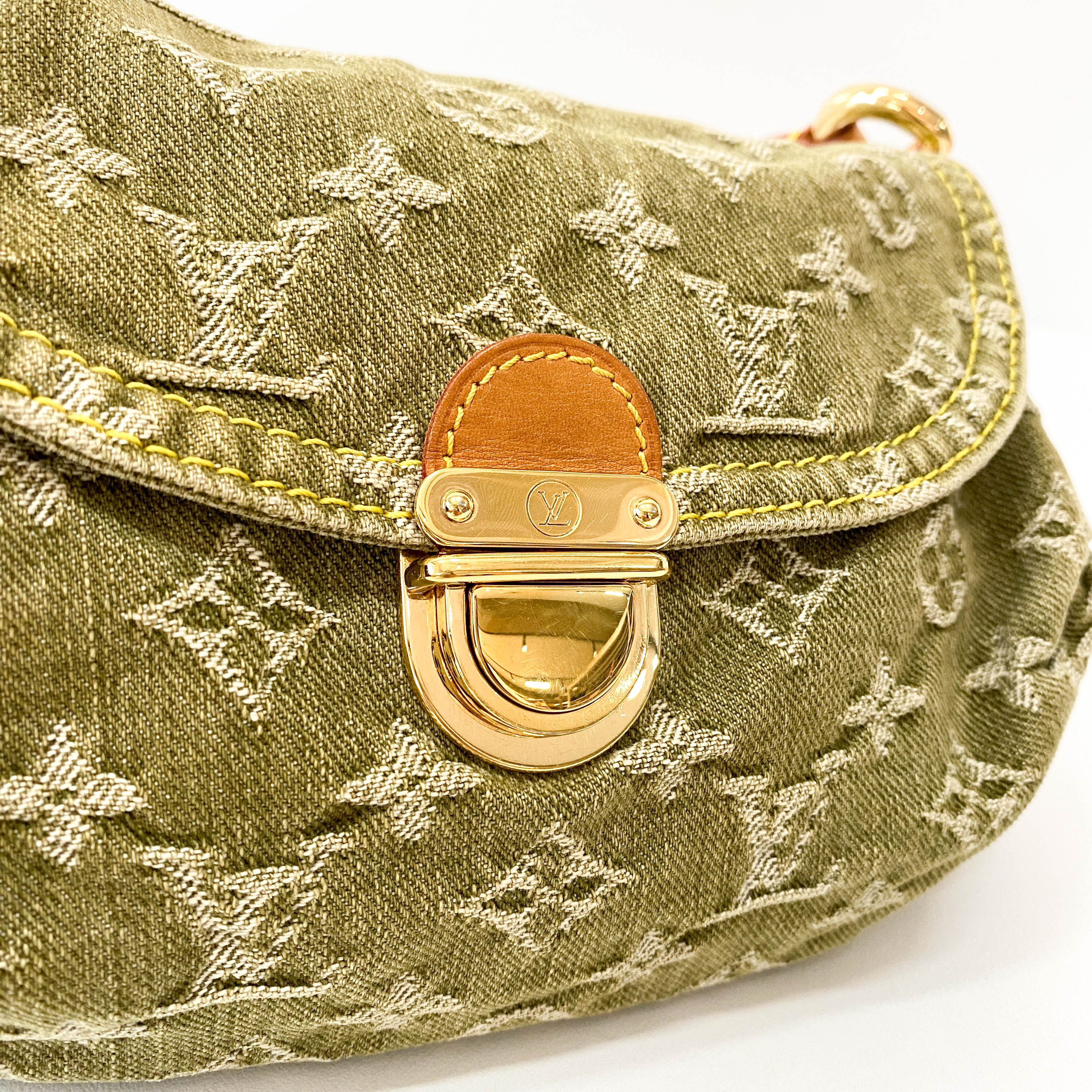 Pleaty Mini Green Monogram Denim Shoulder Bag