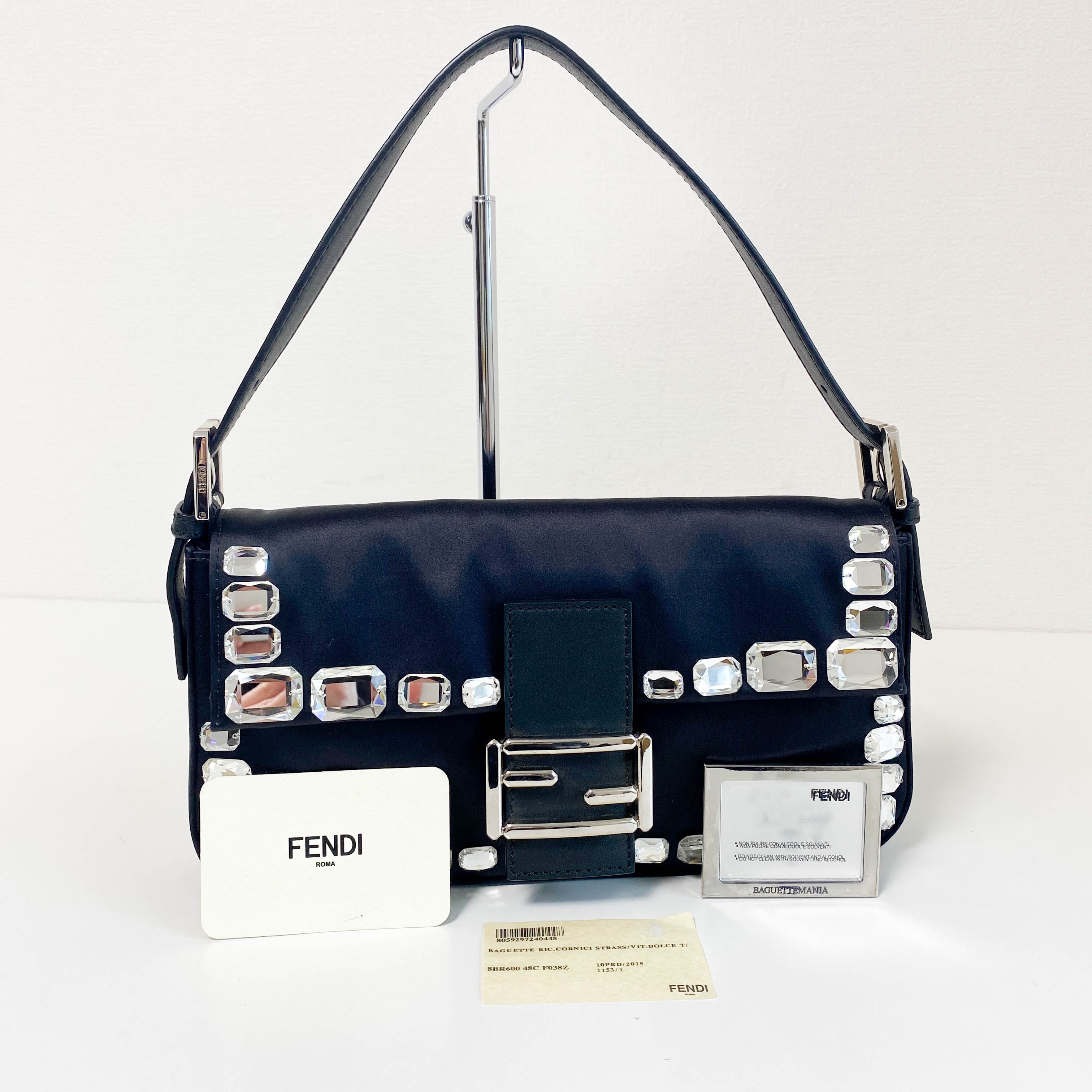 Baguette Black Nylon Shoulder Bag with Rhinestone