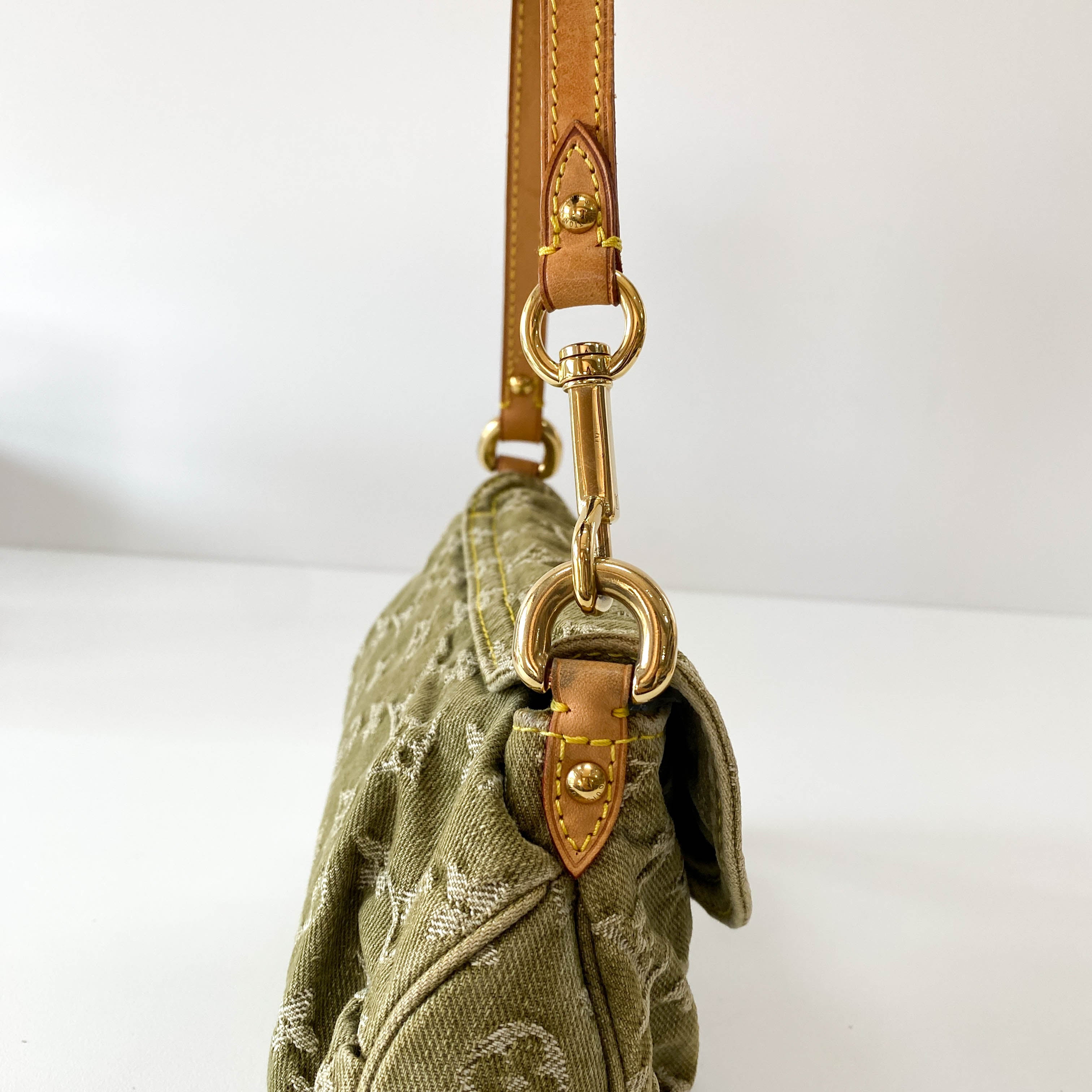 Pleaty Mini Green Monogram Denim Shoulder Bag