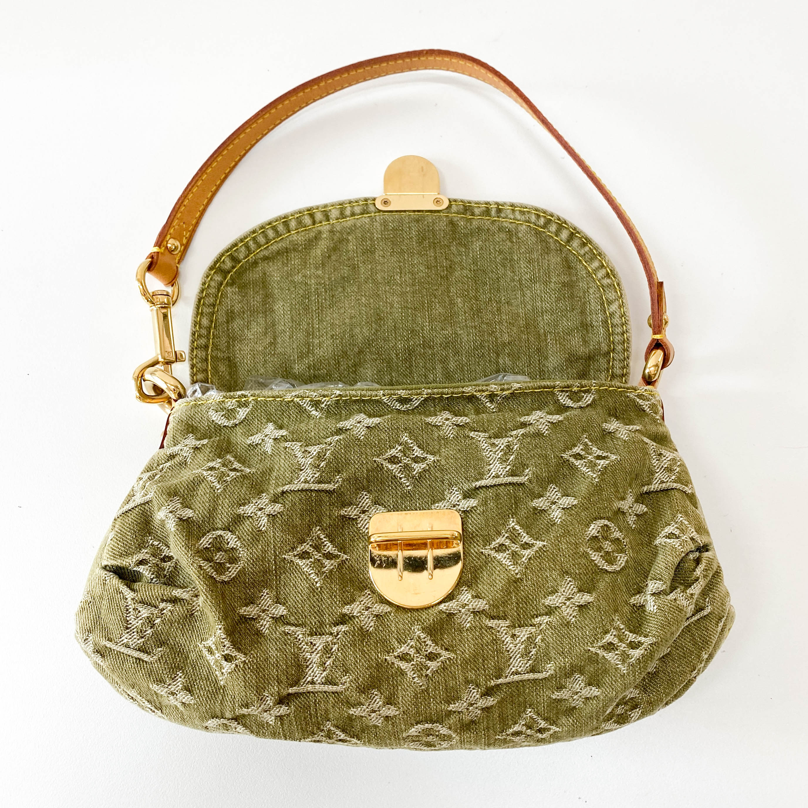Pleaty Mini Green Monogram Denim Shoulder Bag