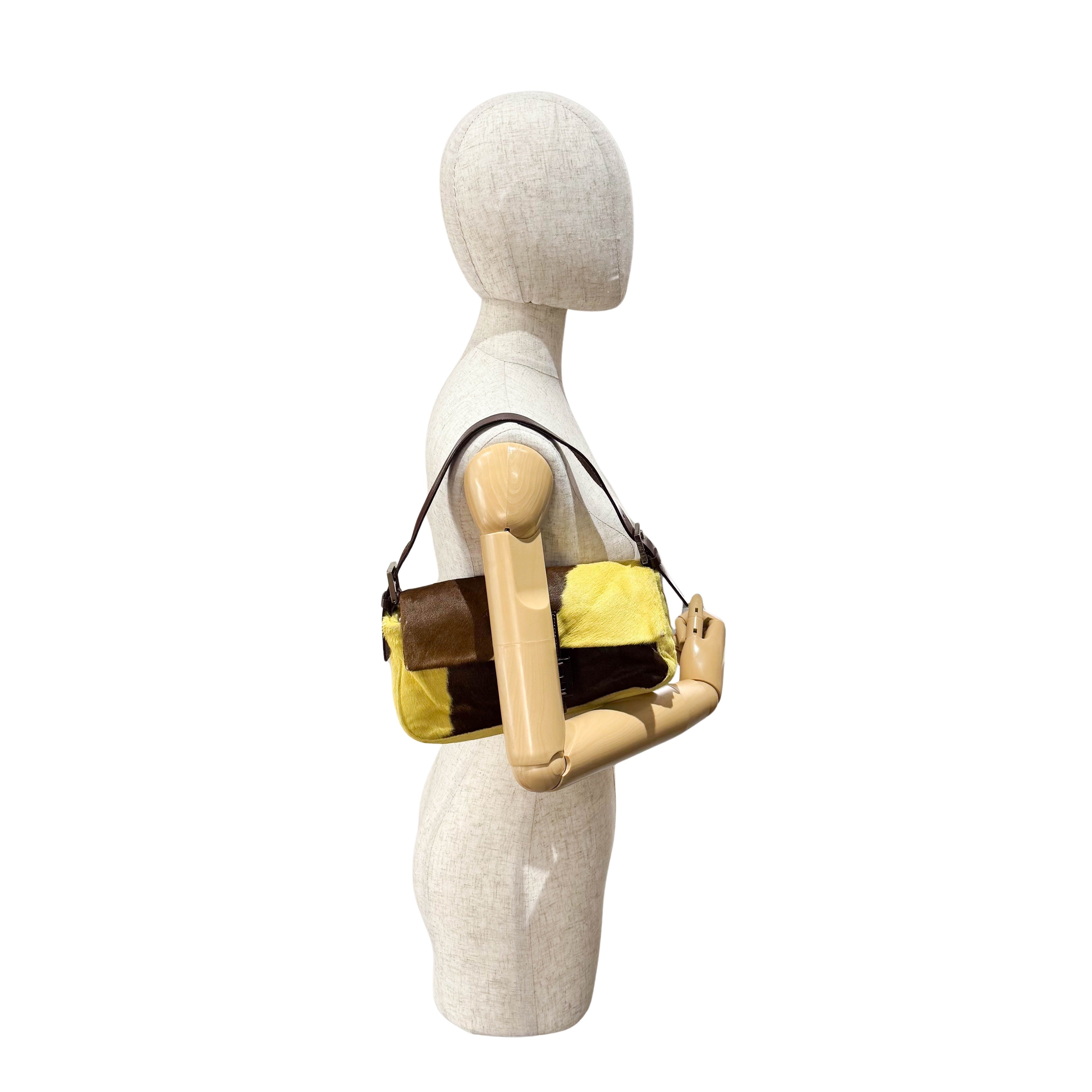 Baguette Yellow & Brown Cow Print Pony Hair Shoulder Bag