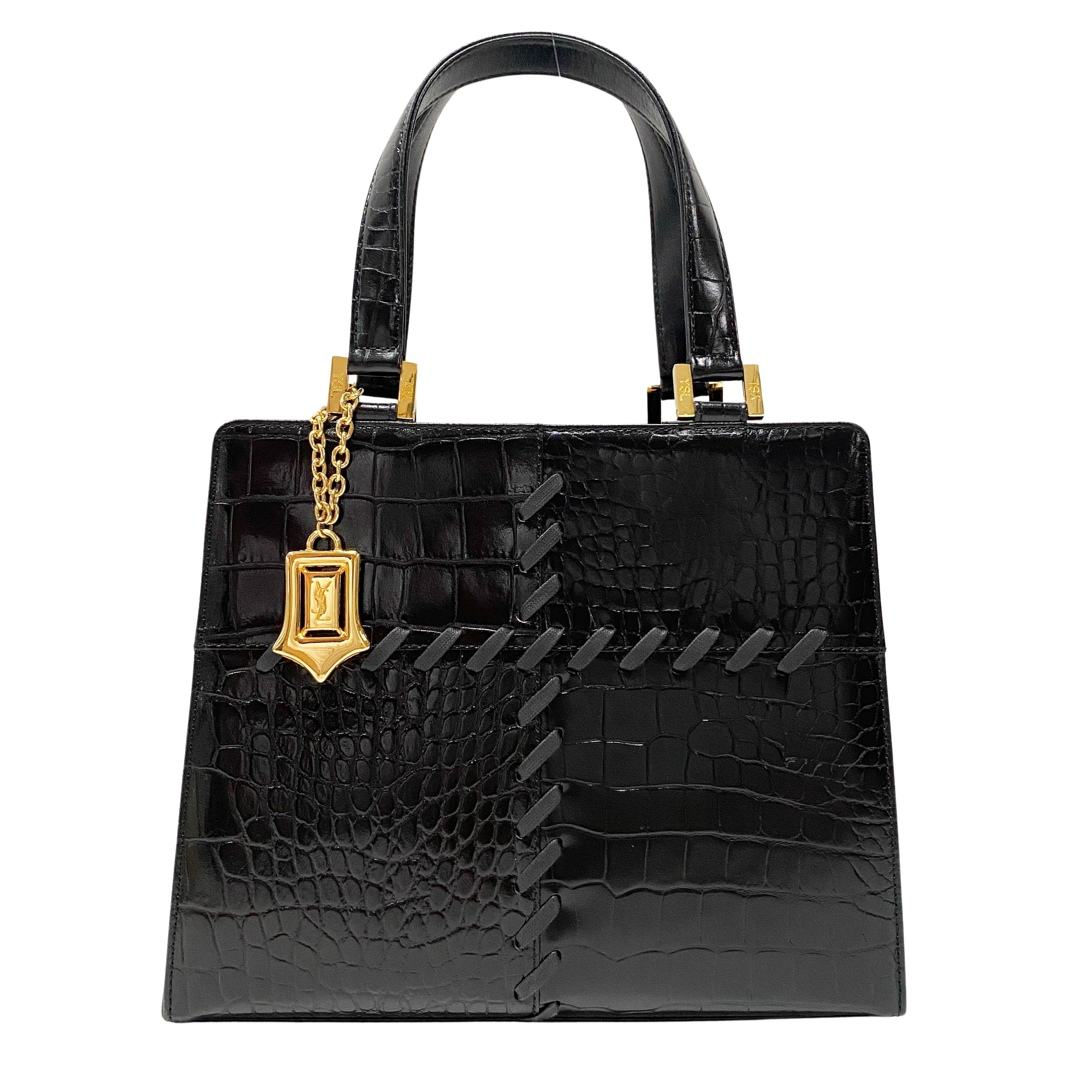 Black Croc Embossed Calfskin Leather Bag