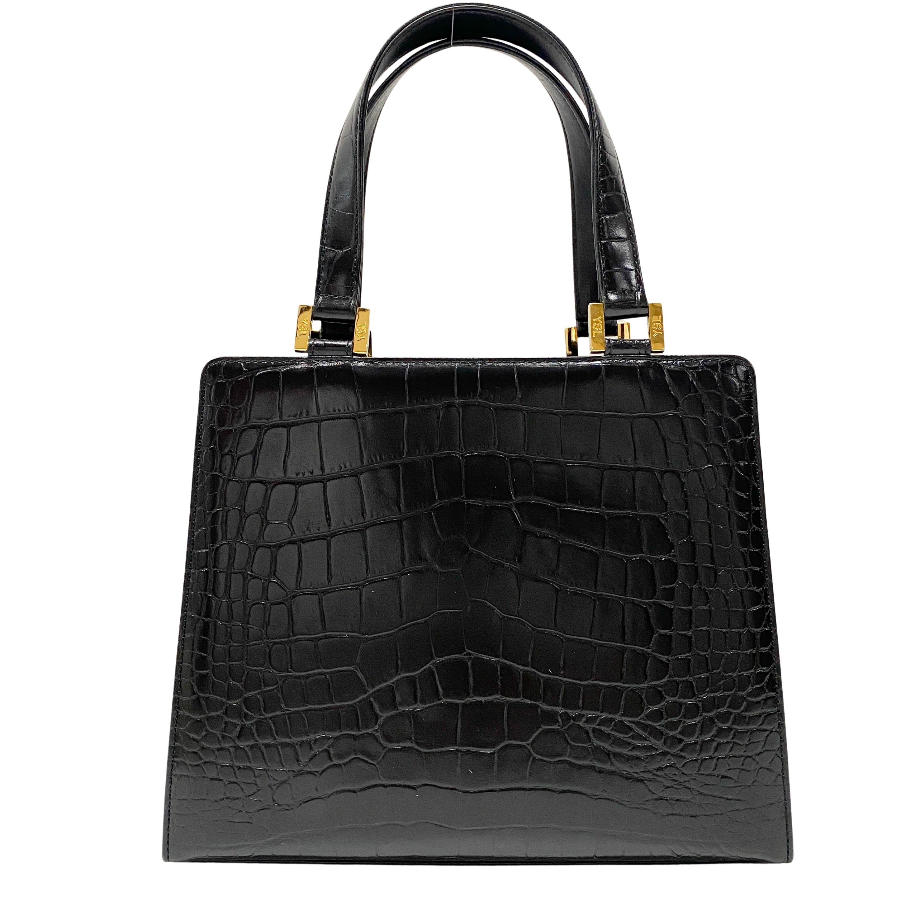 Black Croc Embossed Calfskin Leather Bag