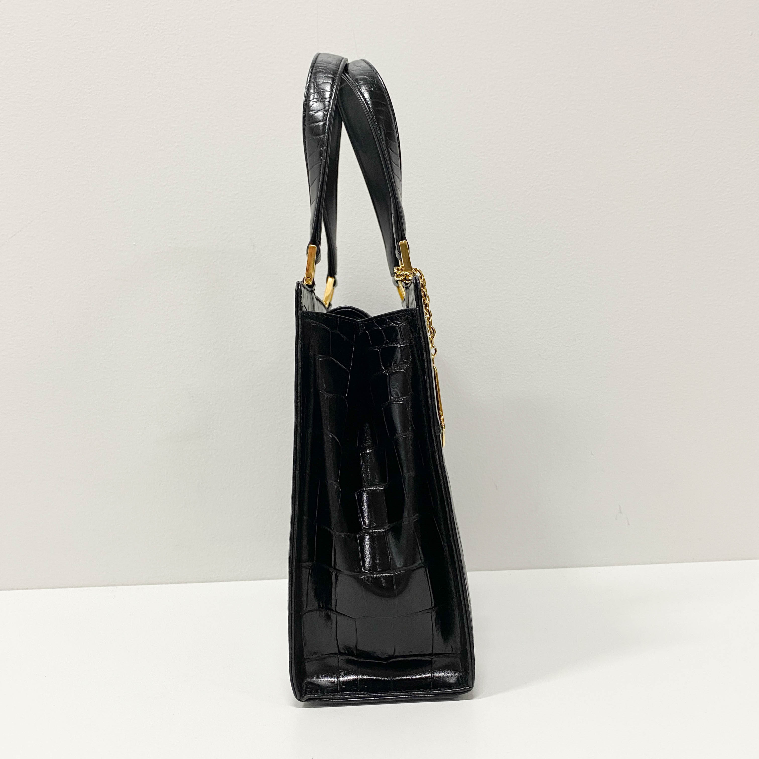 Black Croc Embossed Calfskin Leather Bag