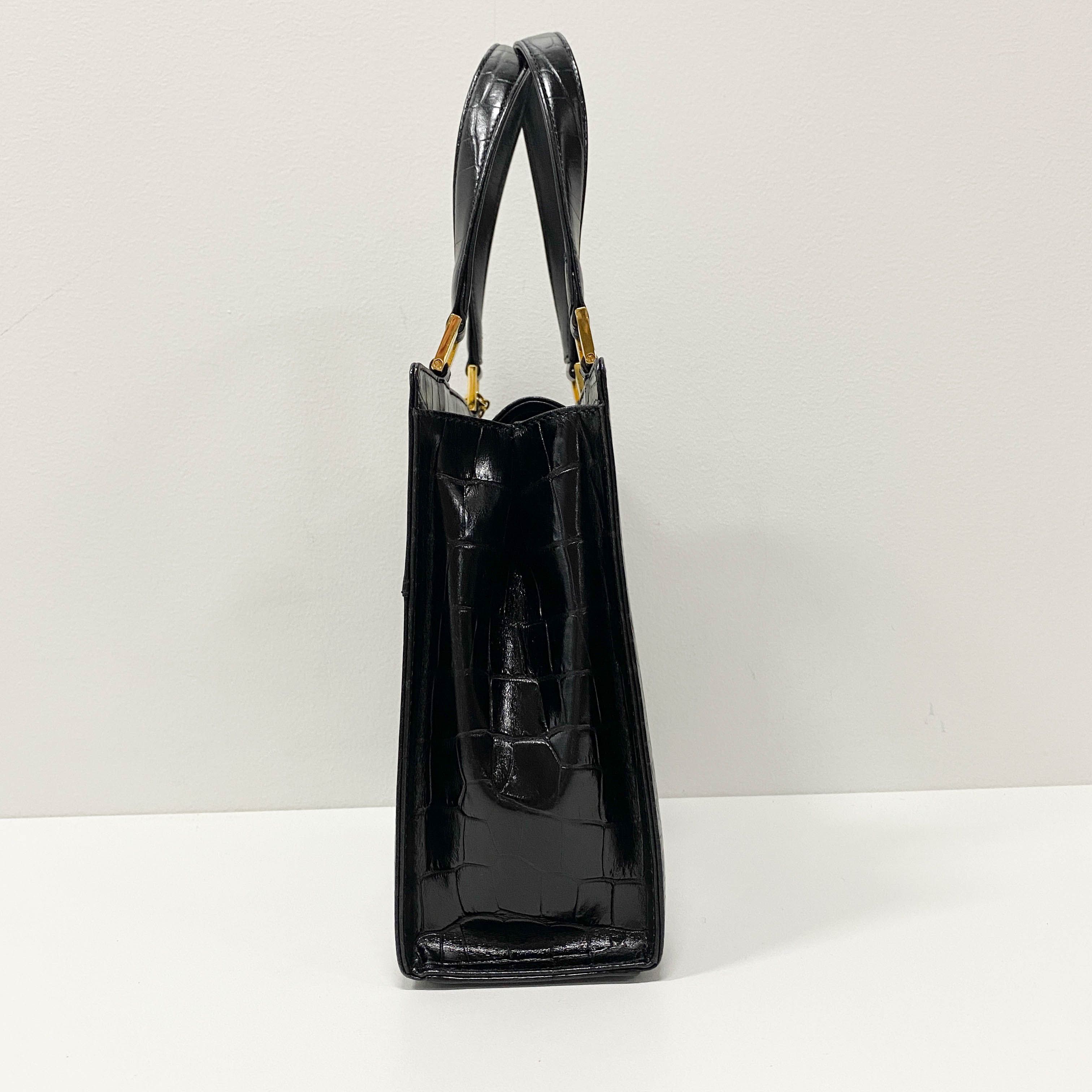 Black Croc Embossed Calfskin Leather Bag