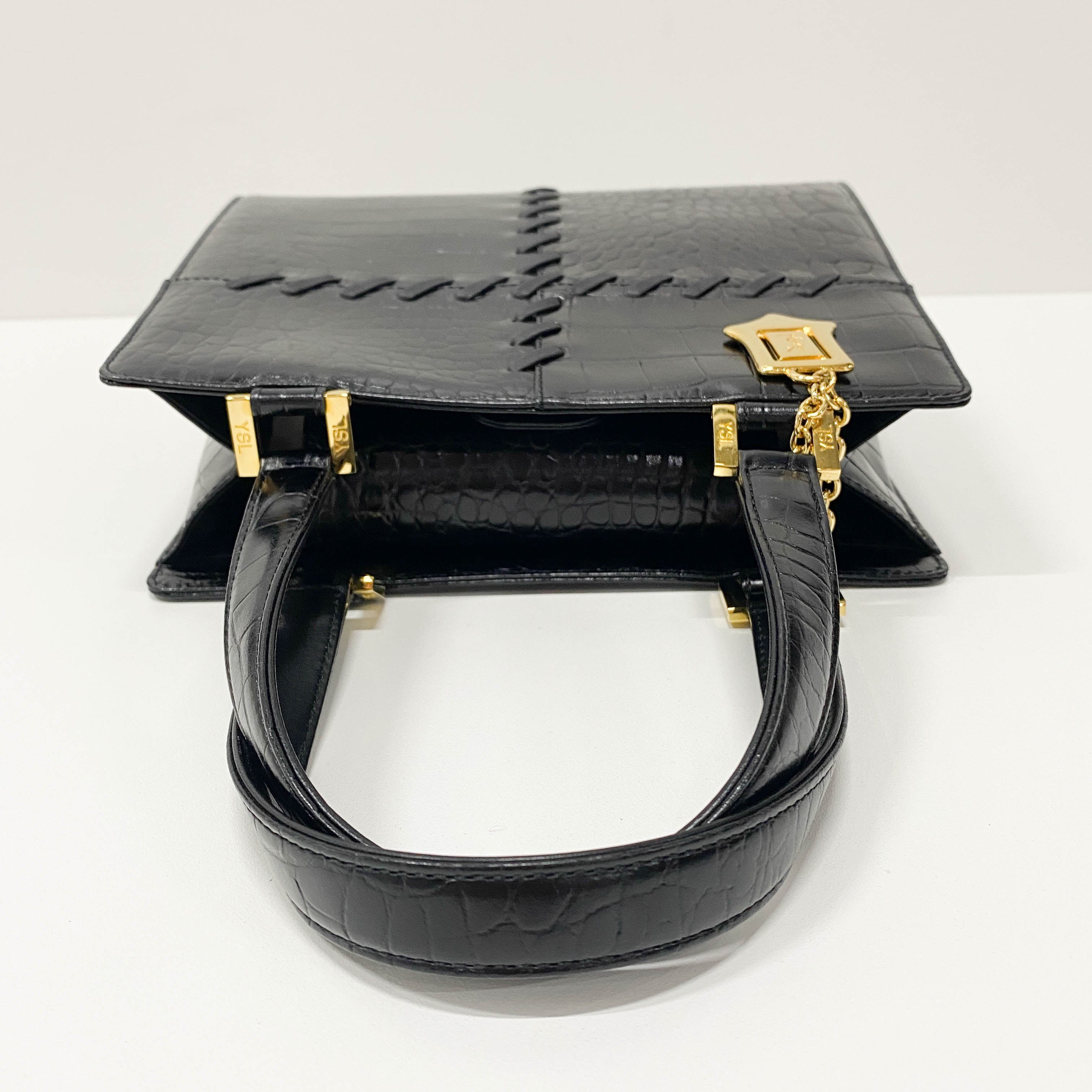 Black Croc Embossed Calfskin Leather Bag