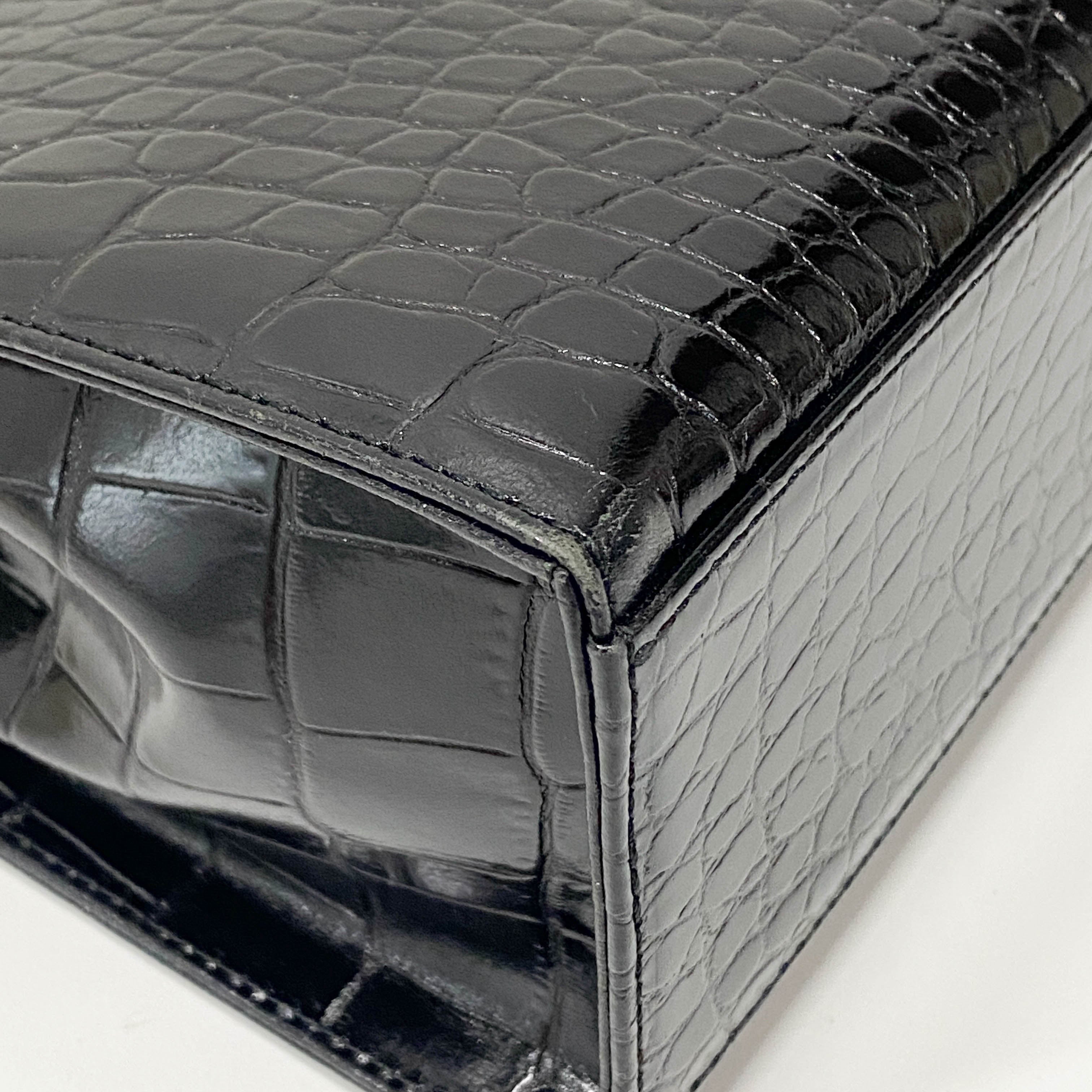 Black Croc Embossed Calfskin Leather Bag