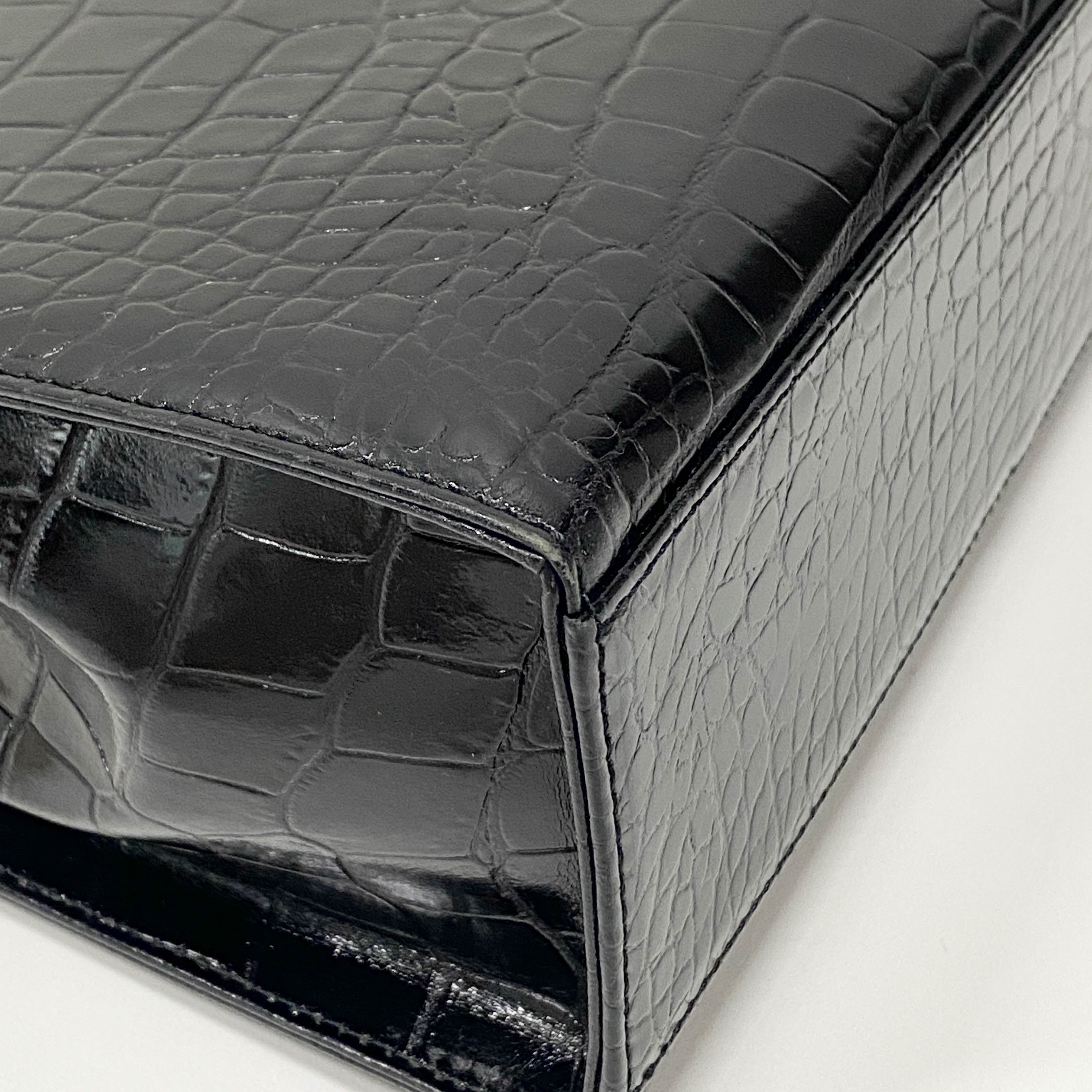 Black Croc Embossed Calfskin Leather Bag