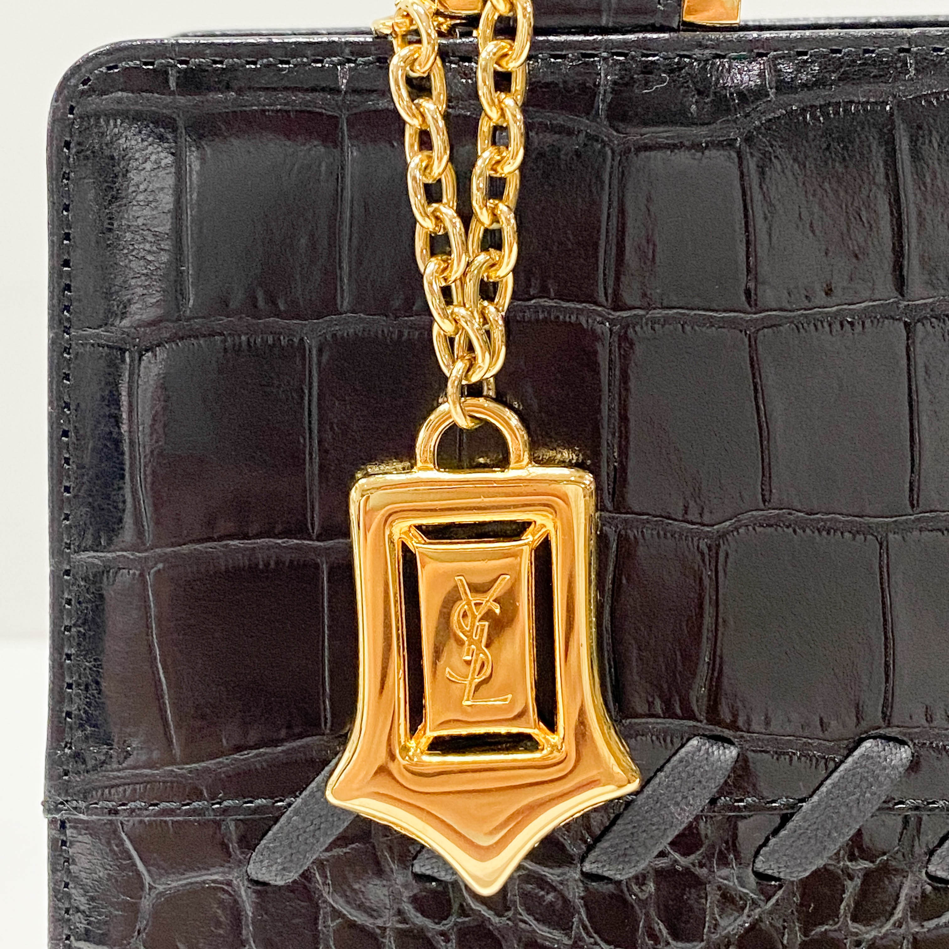 Black Croc Embossed Calfskin Leather Bag